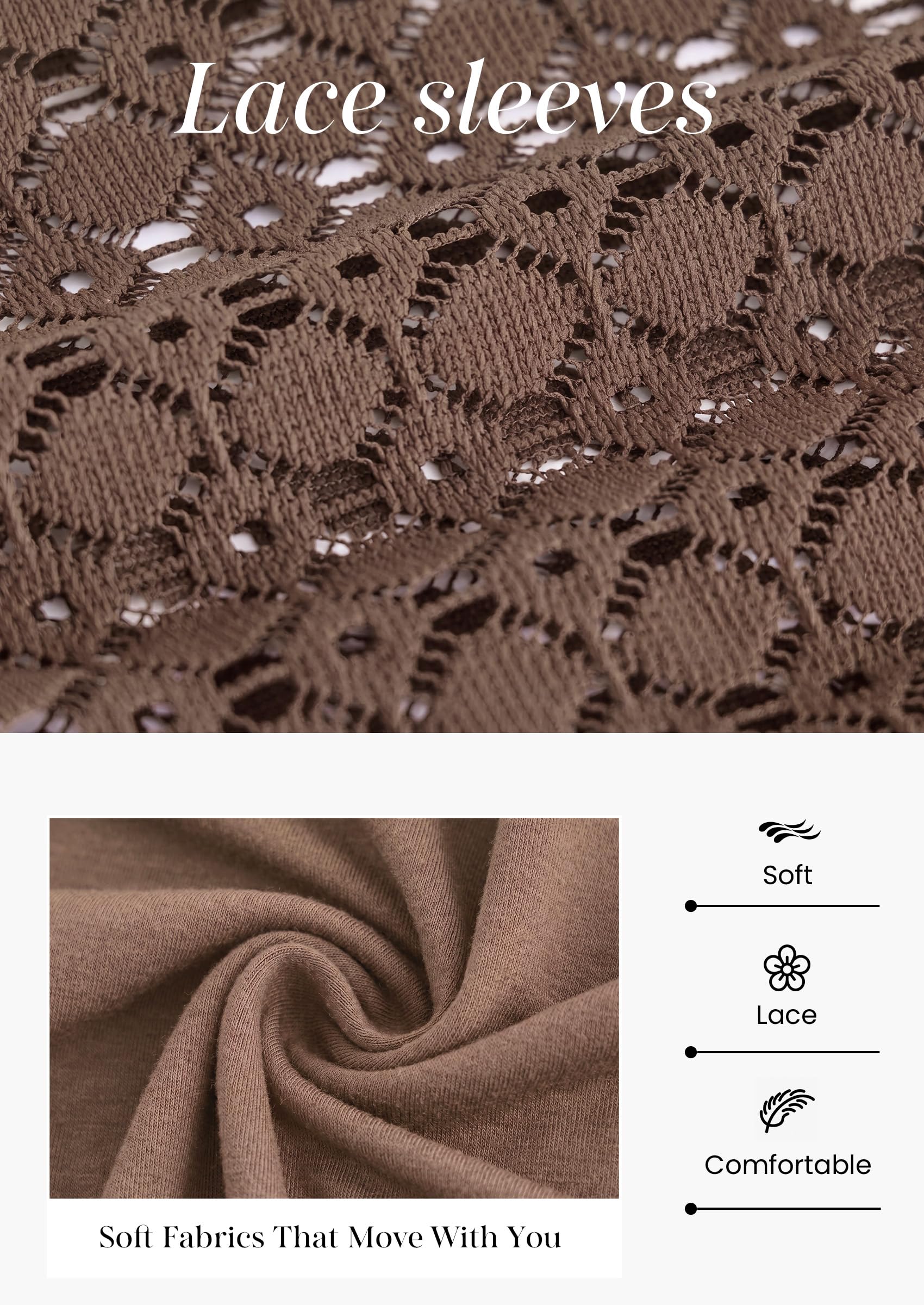 Women's Long Sleeve Shirts Fall Lace Tops,Light Brown,XL
