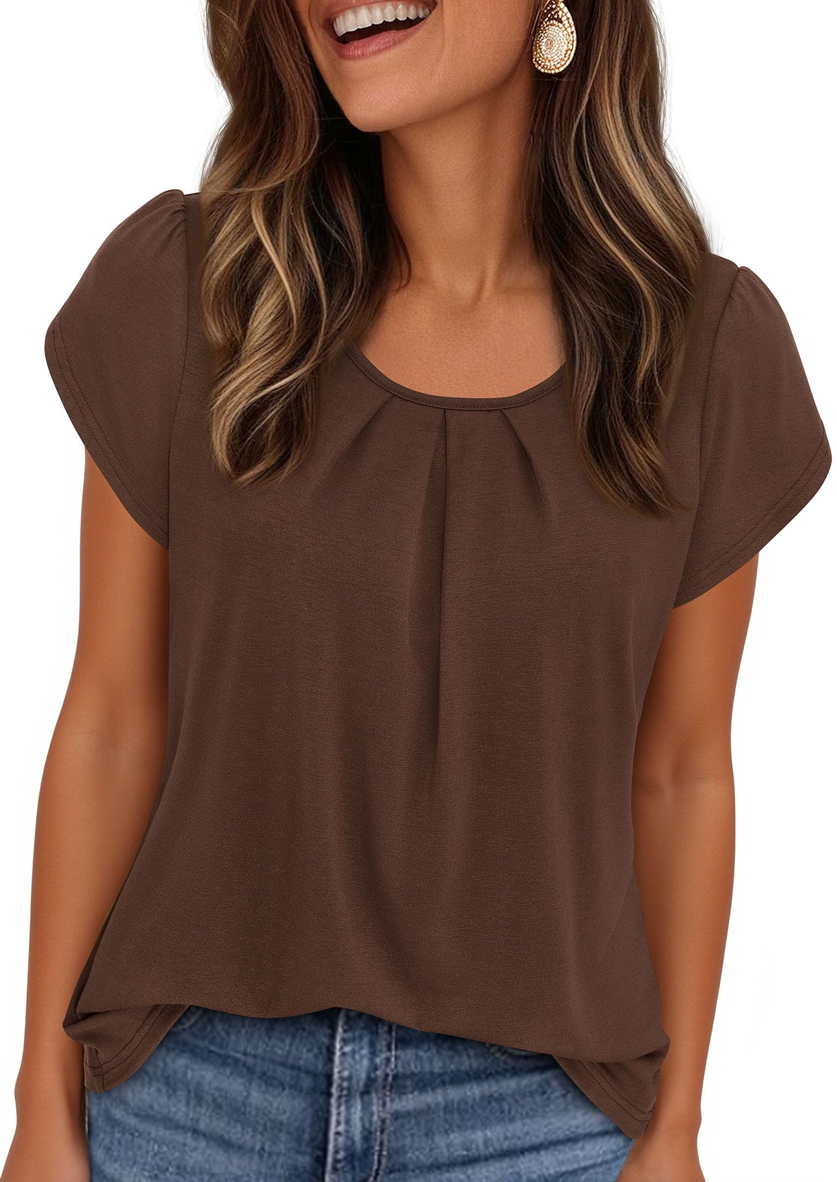 Women's Summer Short Sleeve Tops Casual Blouses,Brown,XL