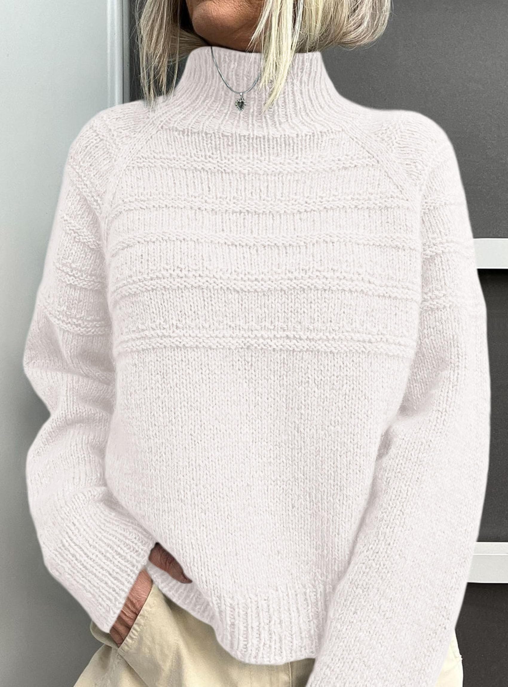 Women's Chunky Knit Mock Neck Pullover Sweaters,White,S