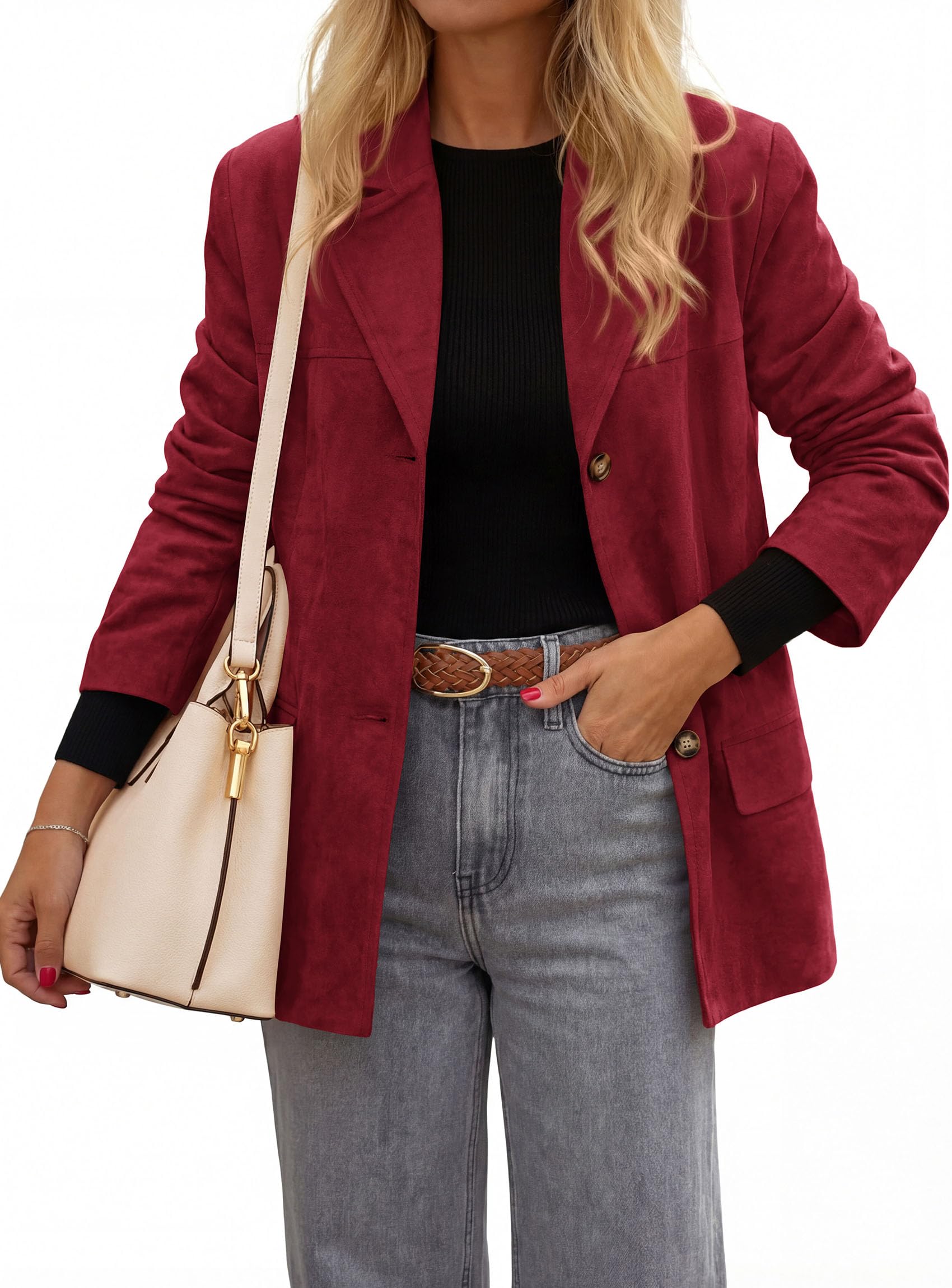 Blazers for Women Western Fall Faux Suede Jacket Burgundy