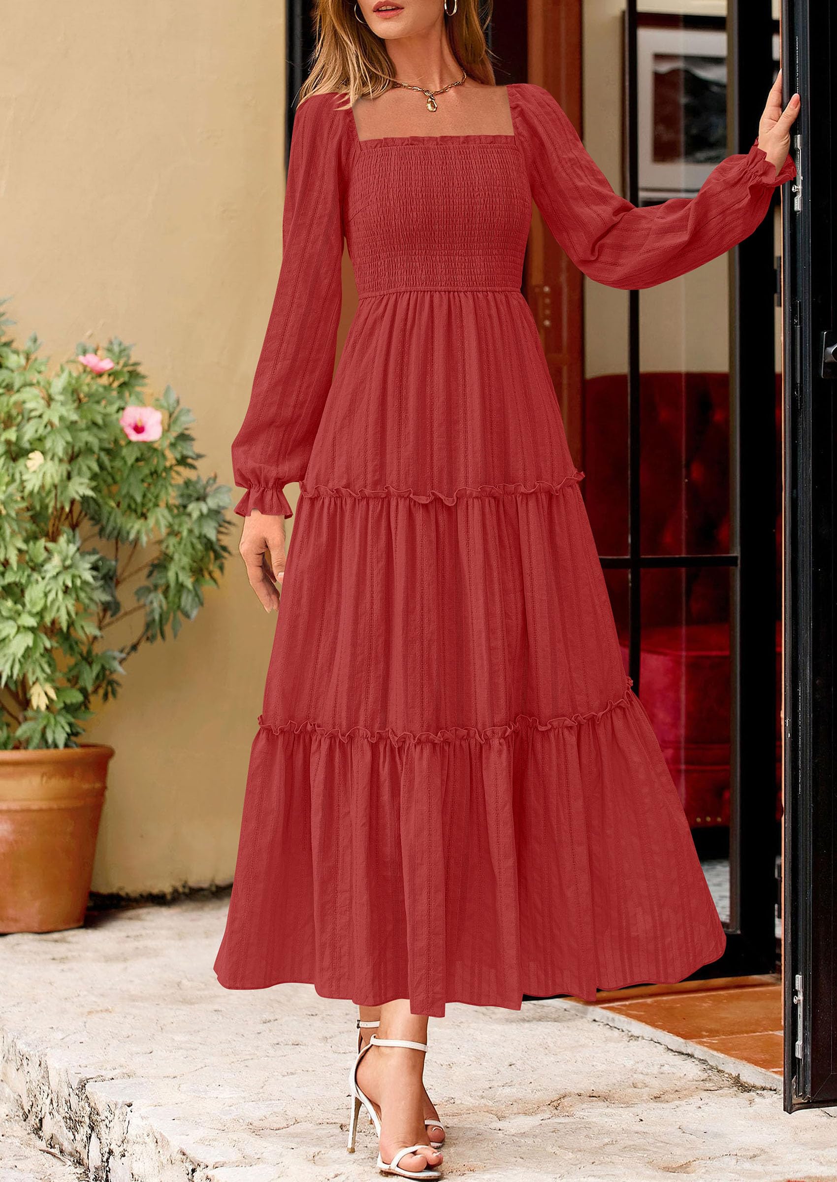 Women's Long Sleeve Ruffle Flowy Maxi Dress,Red,S