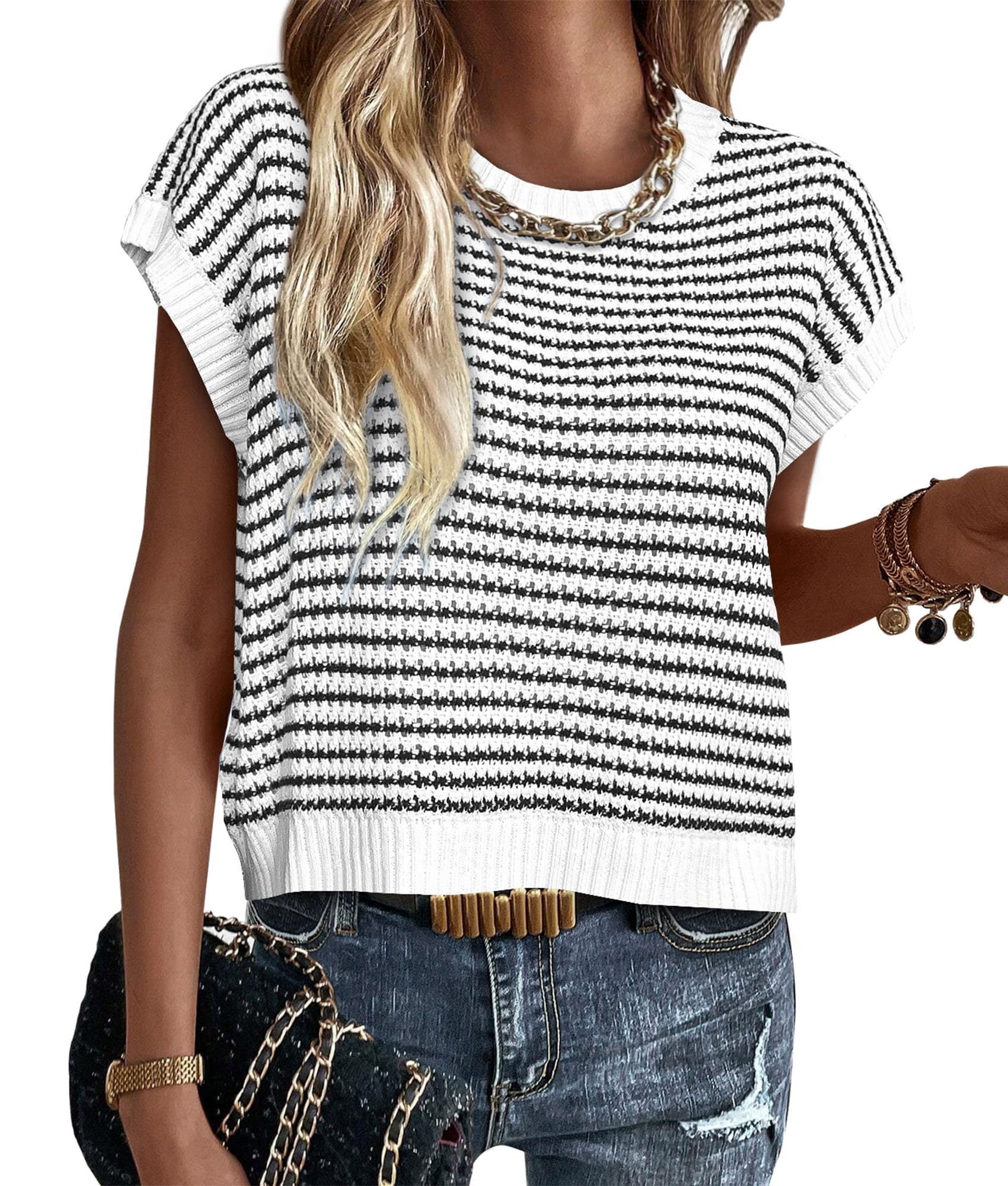 Women's Striped Short Sleeve Sweater Vest White,S