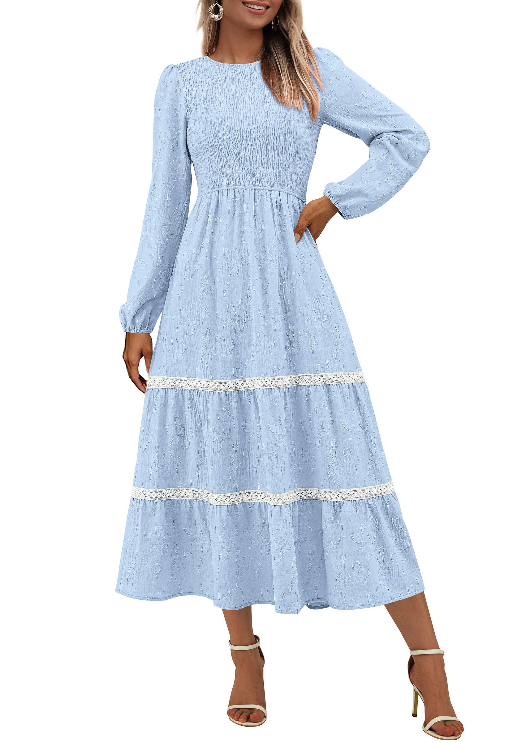 Women's Long Sleeve Boho Floral Midi Dress, Light Blue,M