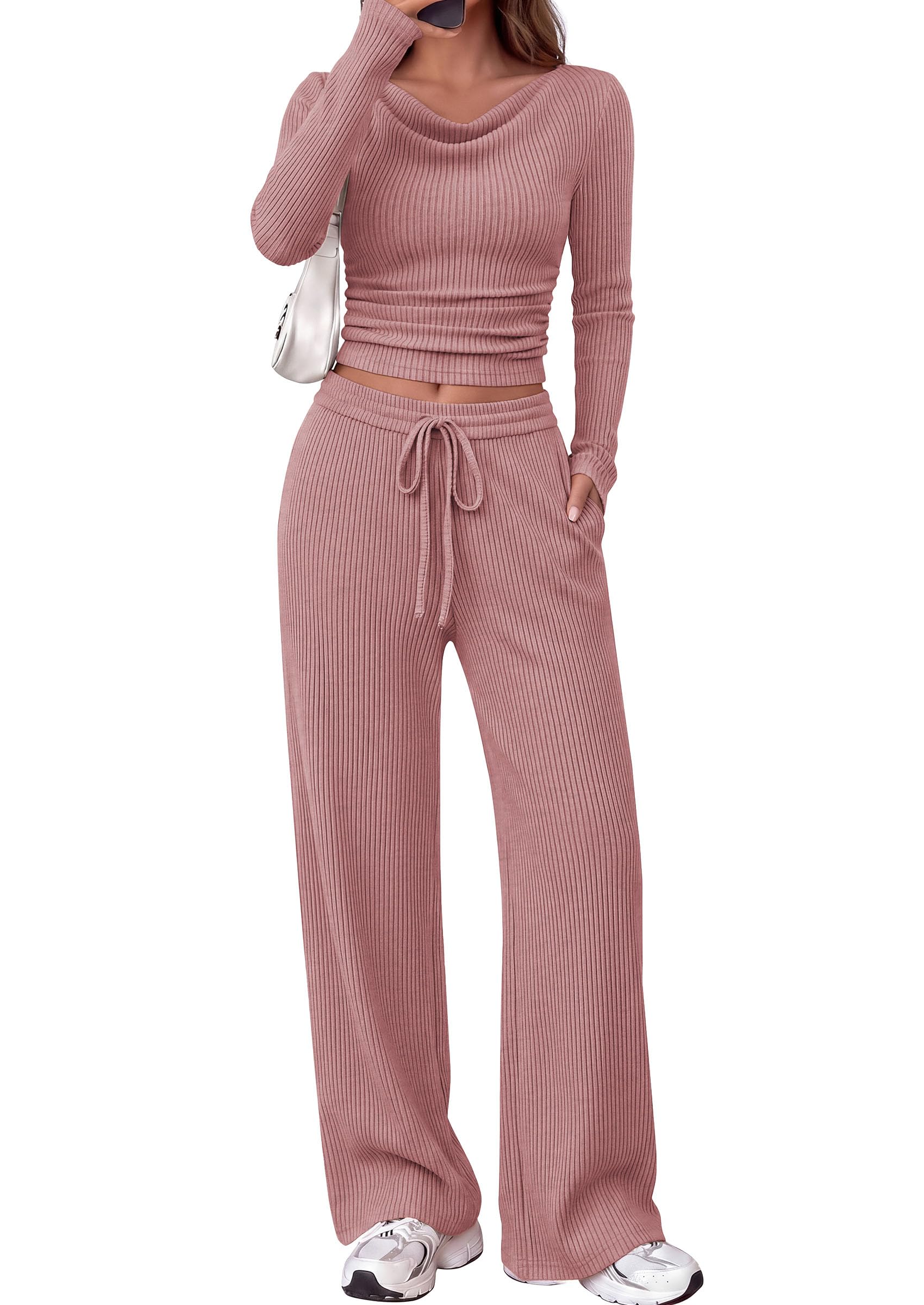 Matching Sets Women Clothing Fall Ribbed 2 Piece Lounge Set