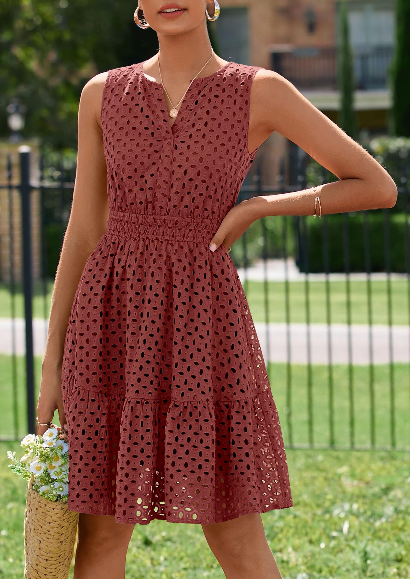 Women's Summer Eyelet A Line Short Dresses,Brown,S