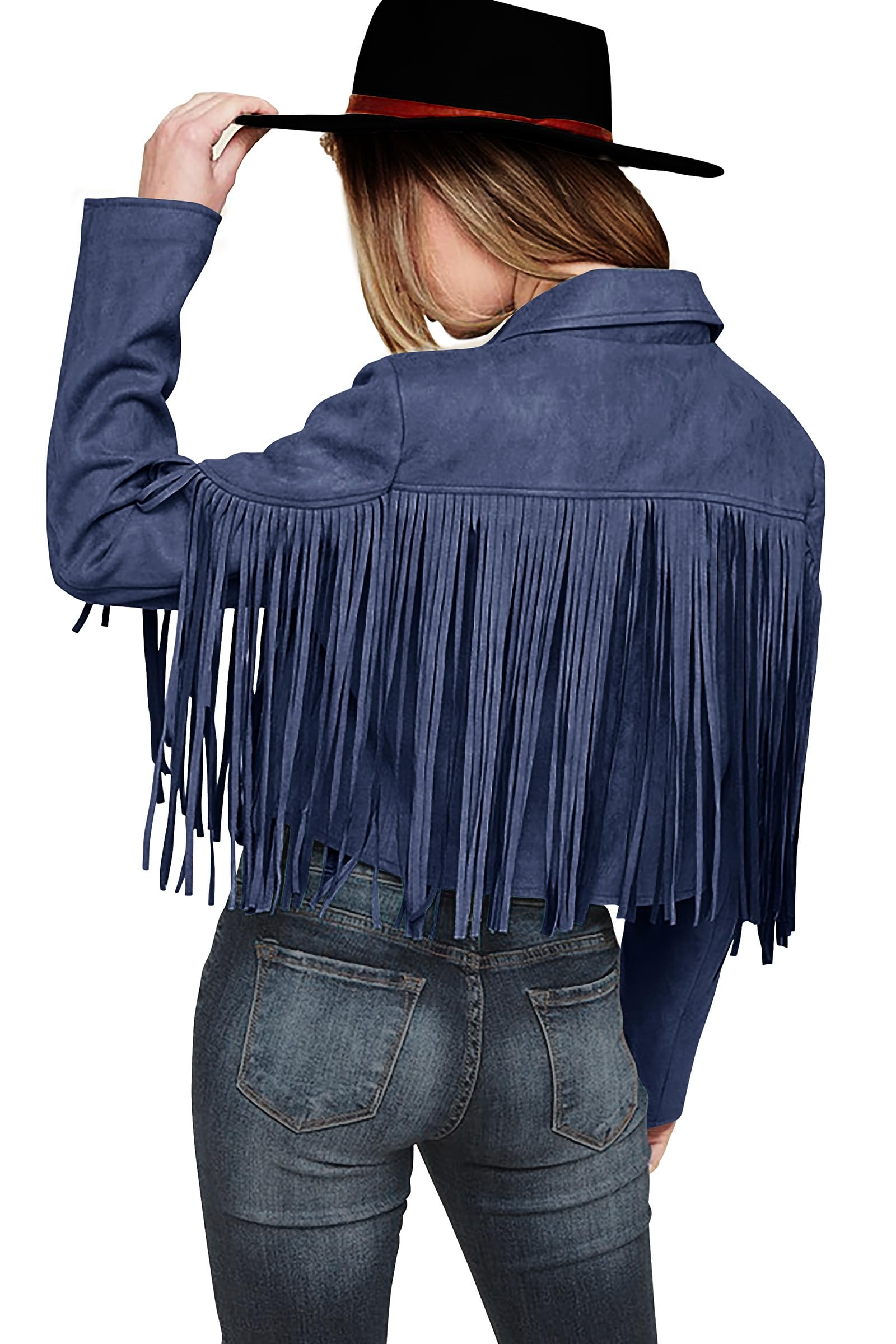 Women's Fringe Faux Suede Leather Jackets,Haze Blue,S