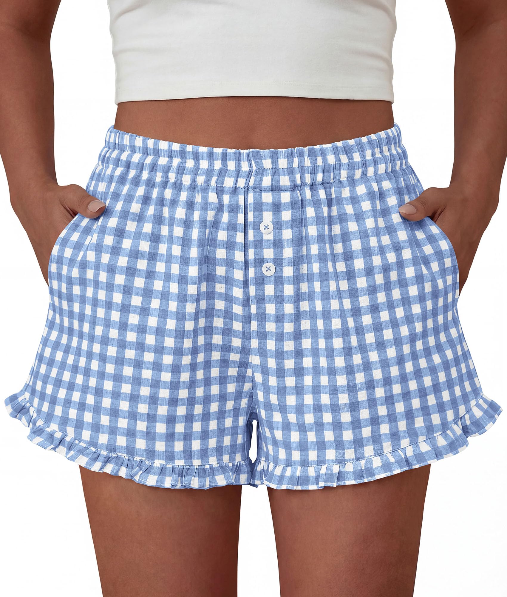 Womens Boxer Shorts Striped Gingham Ruffle Pajama Bottoms