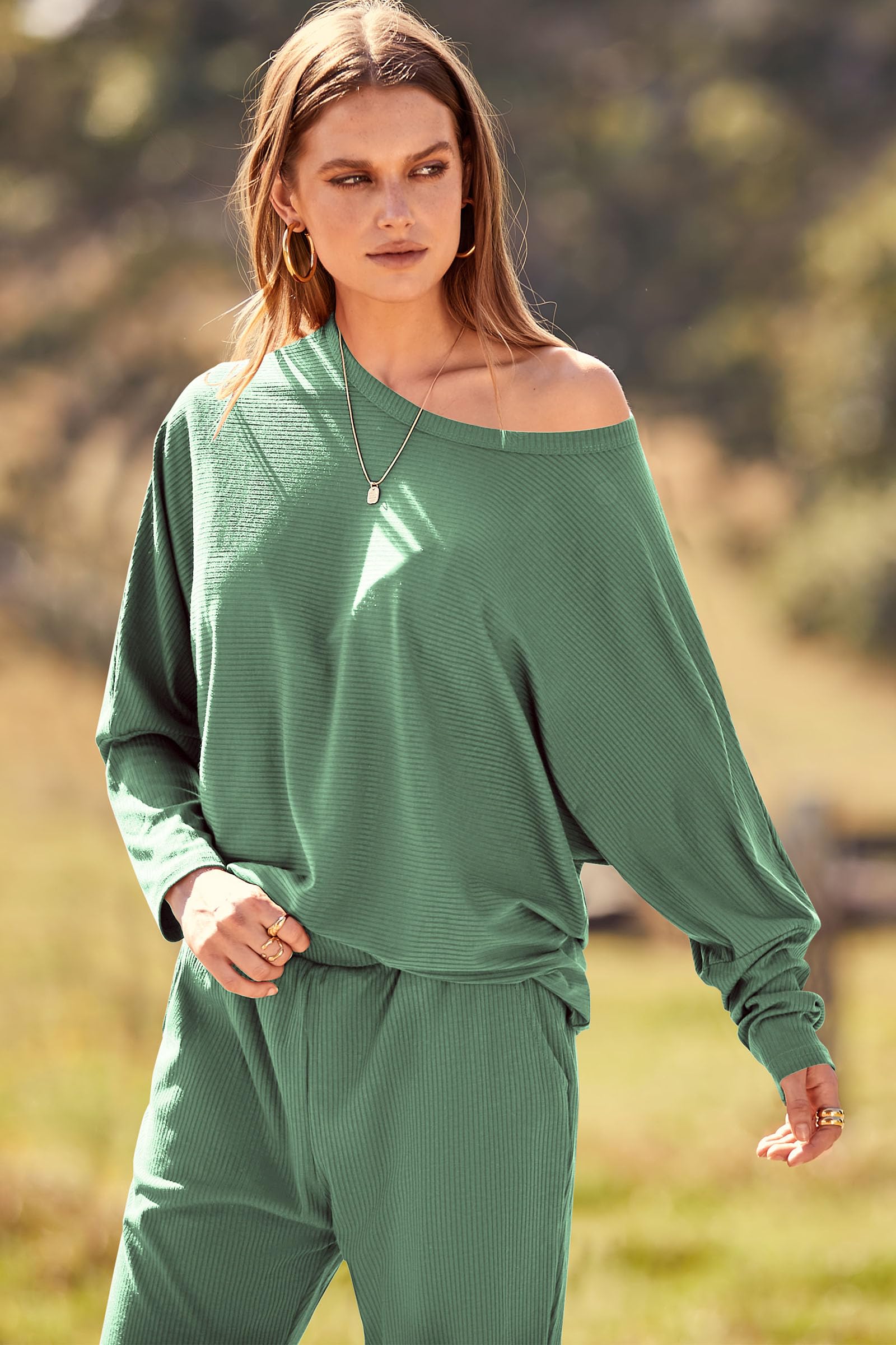 Women's 2 Piece Fall Outfits Matching Ribbed Knit Lounge Sets