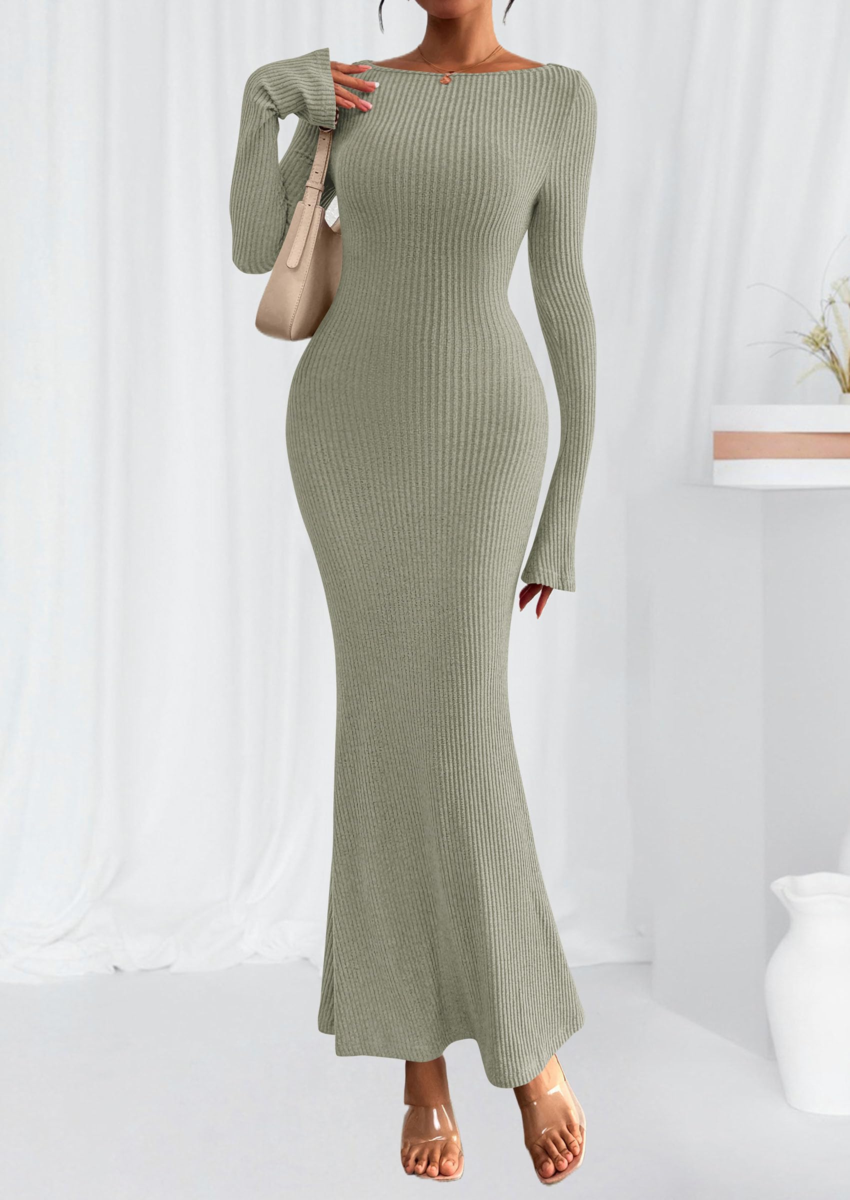 Women's Fall Long Sleeve Bodycon Maxi Dresses(Light Green,XS)