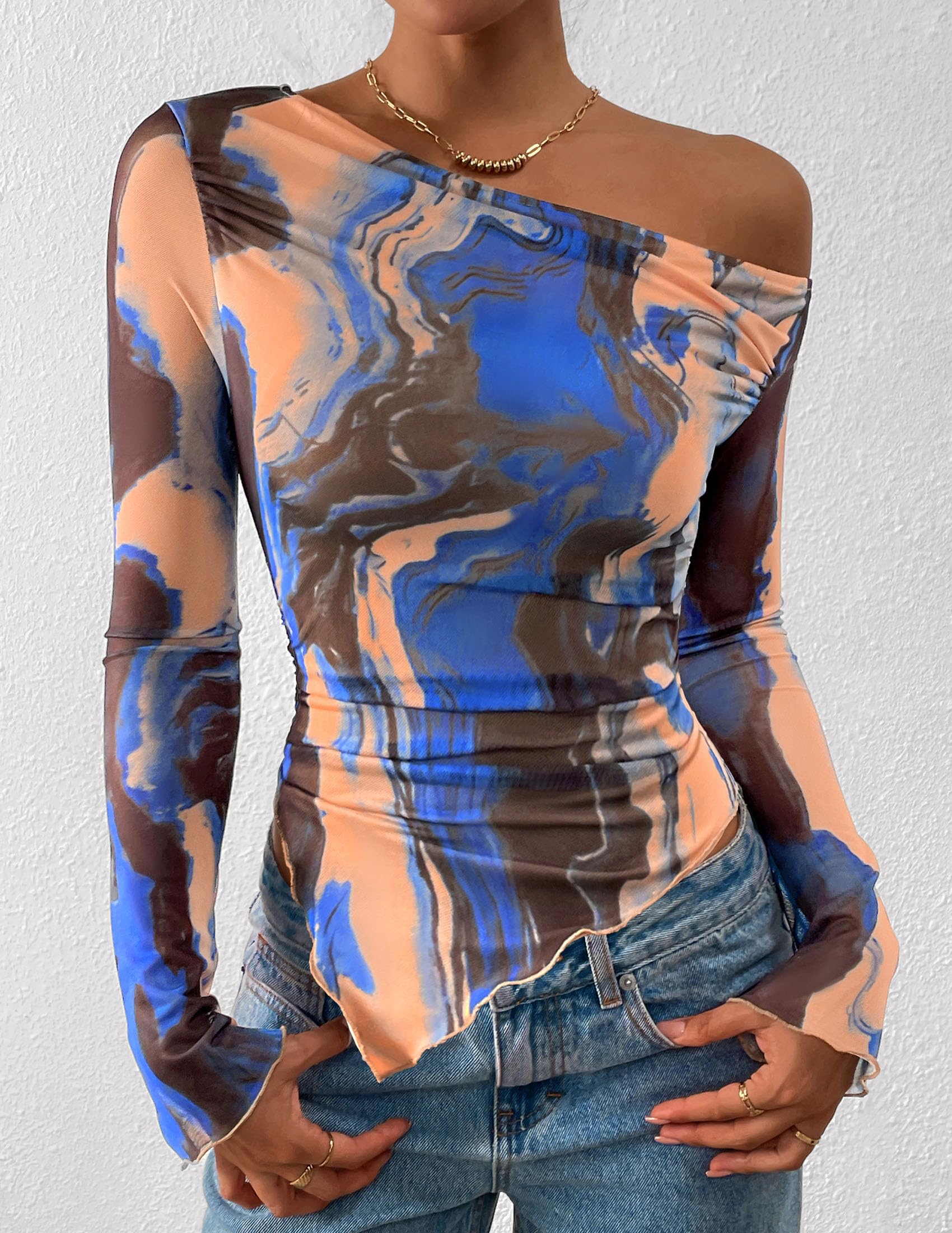 Womens Off Shoulder Mesh Y2k Tops,Blue Watercolour,XS