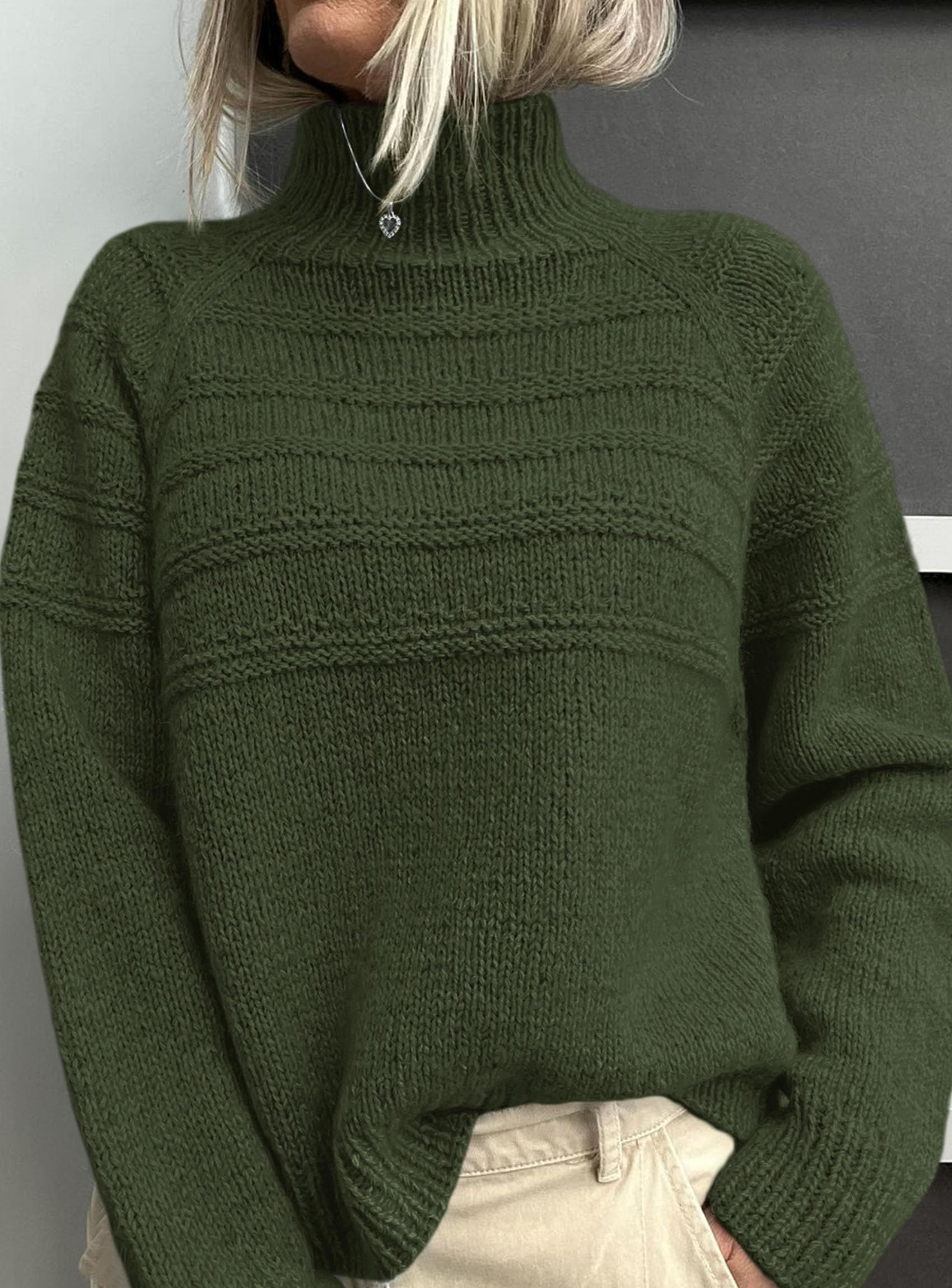 Women's Chunky Knit Mock Neck Pullover Sweaters,Army Green,S