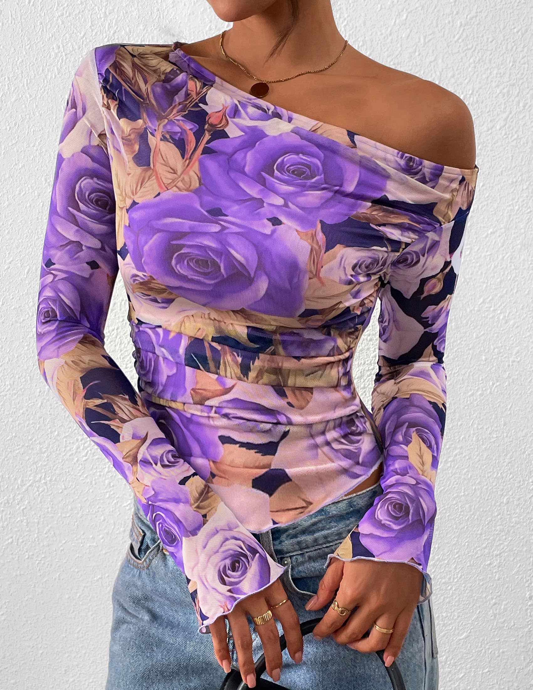 Womens Off Shoulder Mesh Y2k Tops,Floral Purple,XS