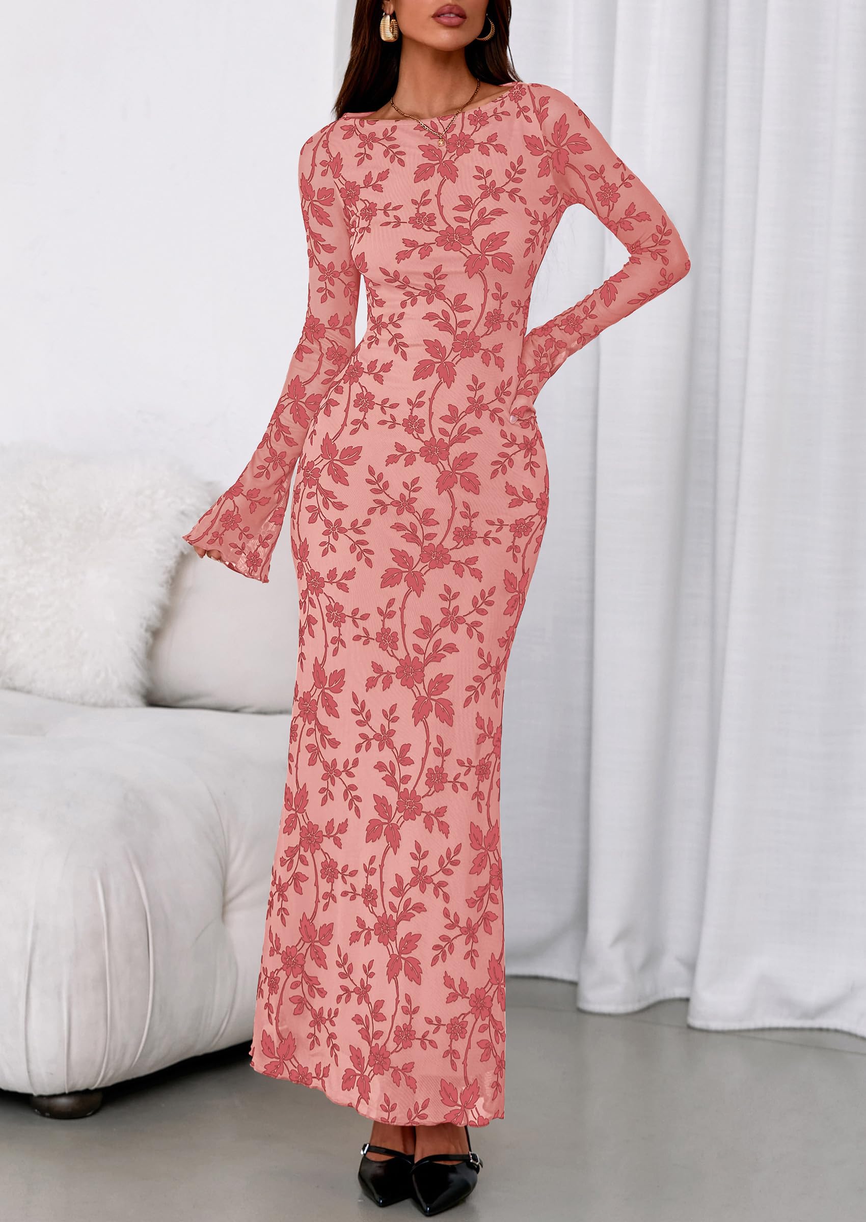 Women's Floral Bodycon Maxi Dress Wedding Guest Dresses Pink