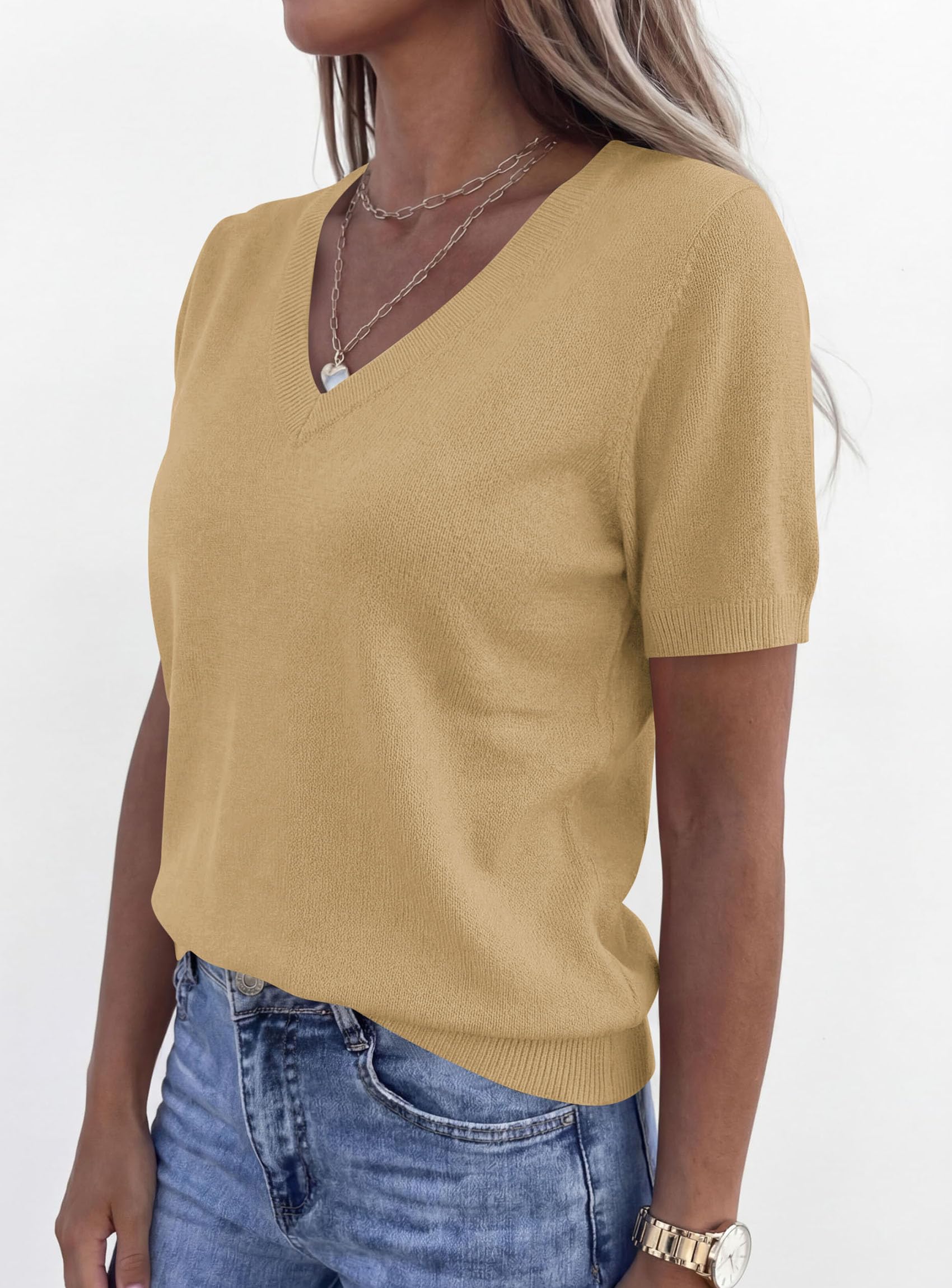 Womens Short Sleeve Sweater V Neck Tops,Light Khaki,S