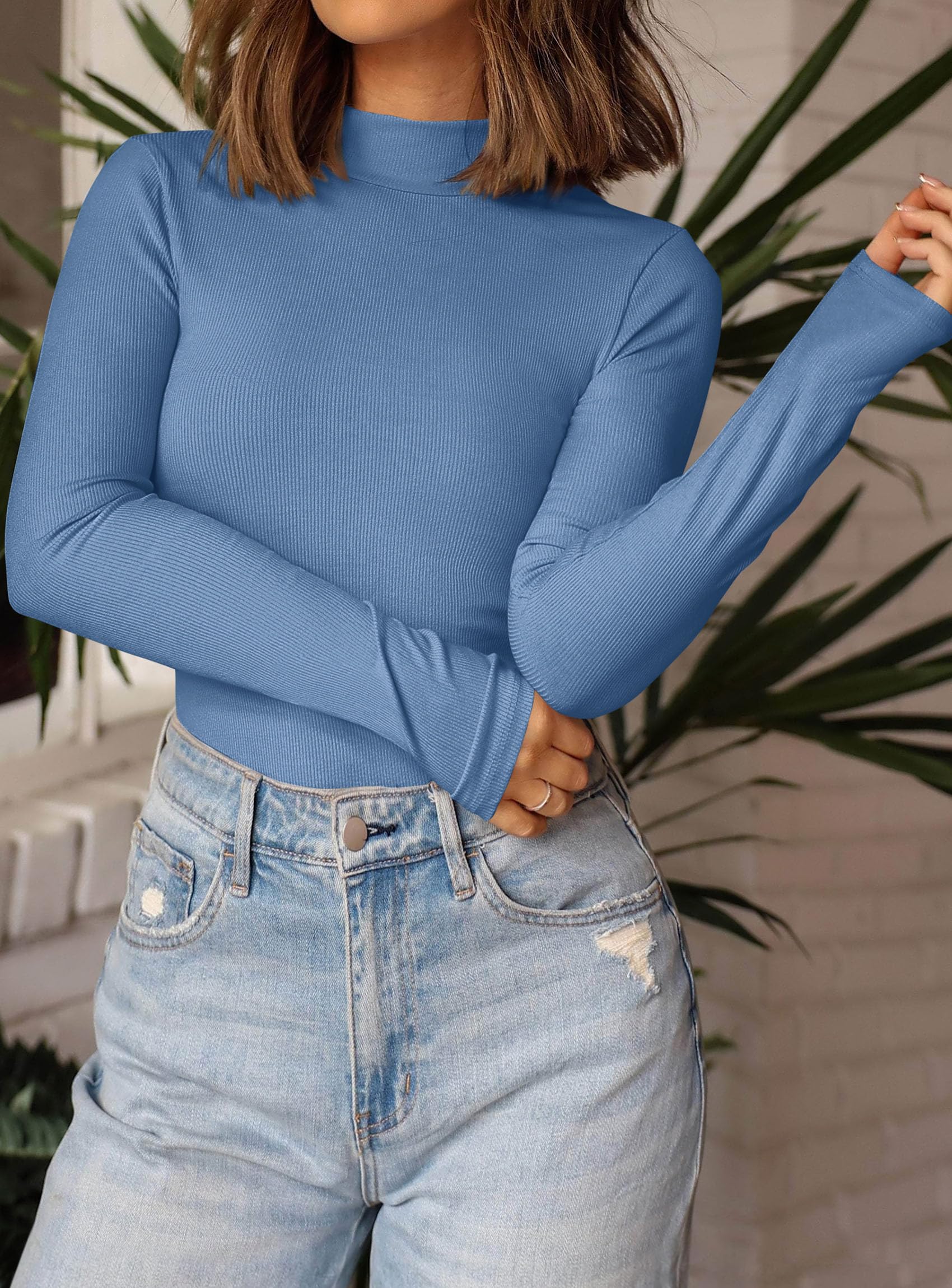 Womens Mock Turtleneck Fall Long Sleeve Shirts,Grey Blue,XS