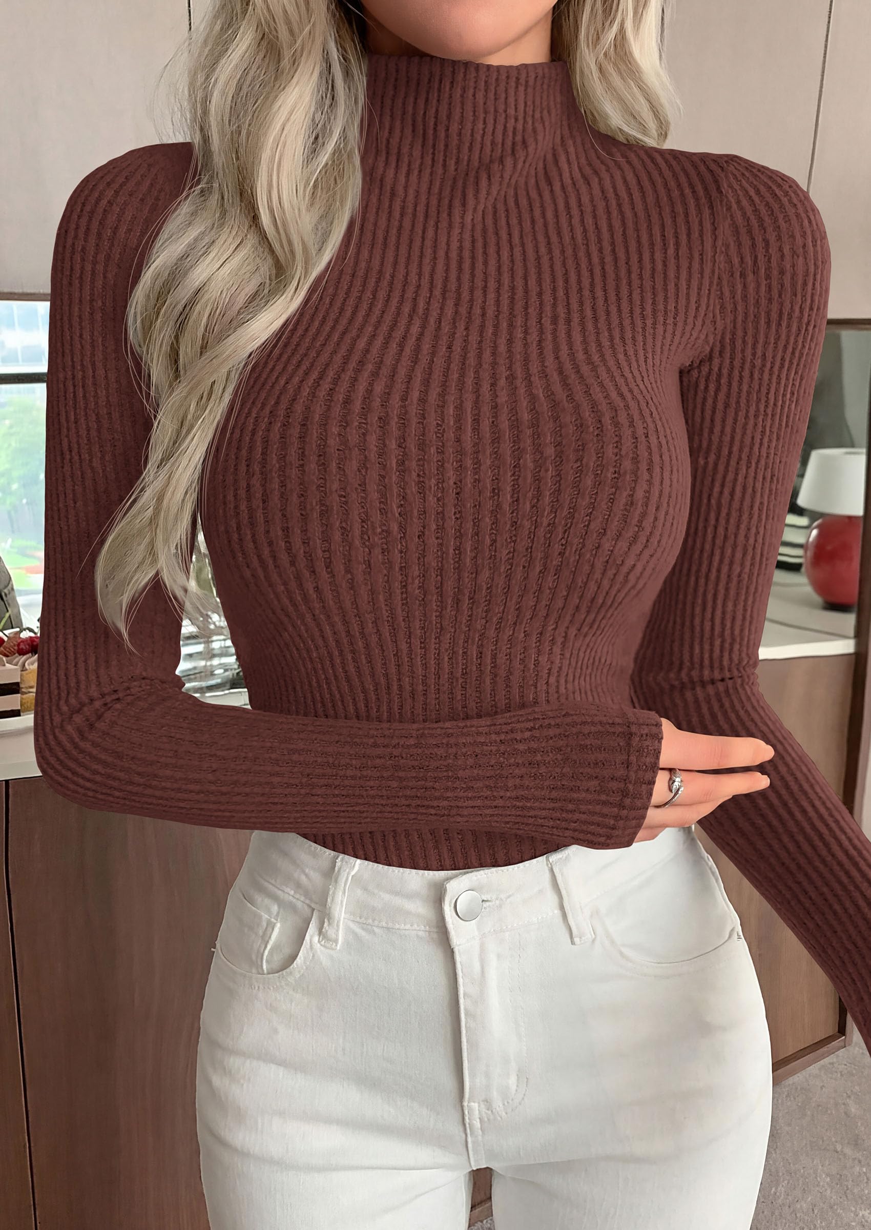Long Sleeve Shirts for Women Fall Ribbed Mock Turtleneck Tops