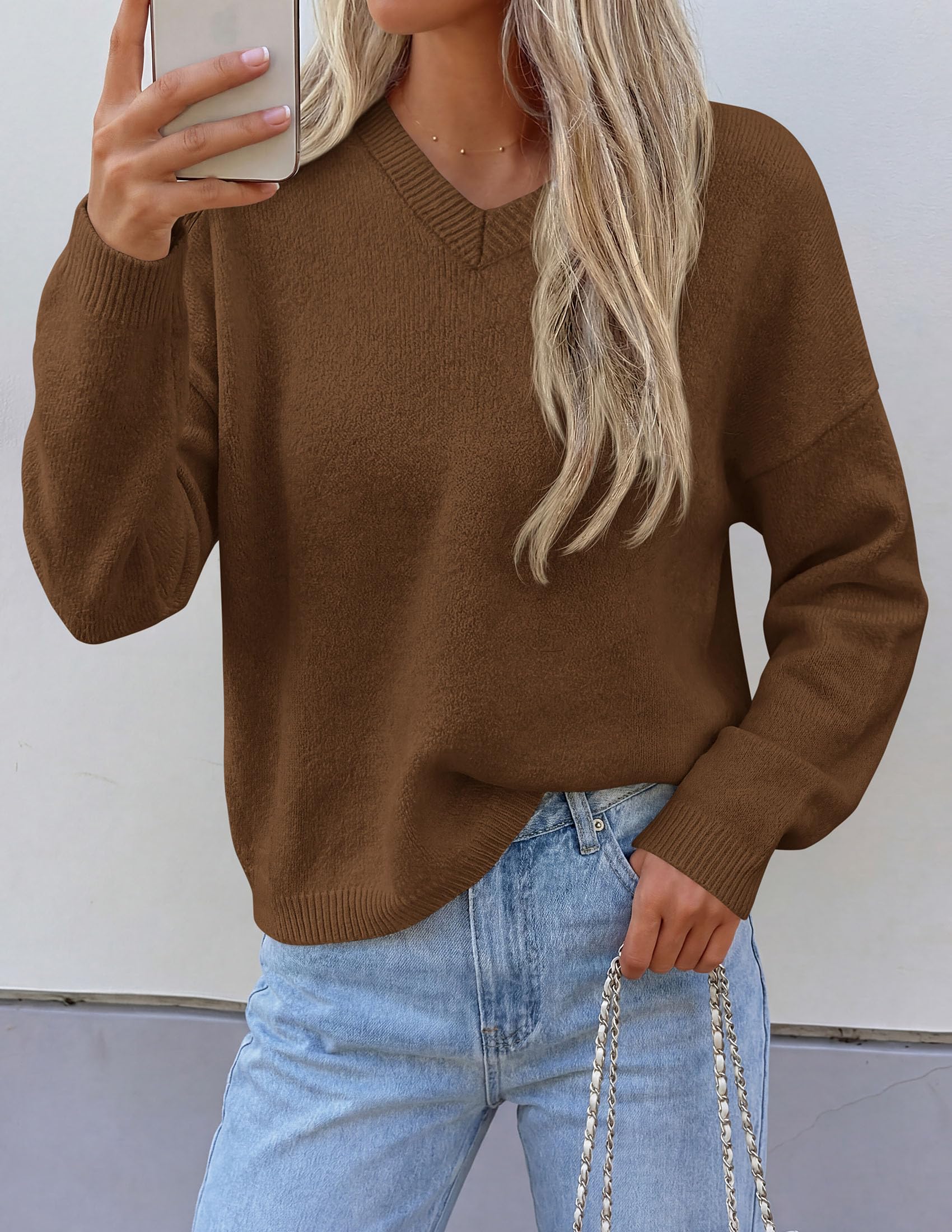 Women's Cozy Sweaters Fall Fashion V Neck Tops Brown,S