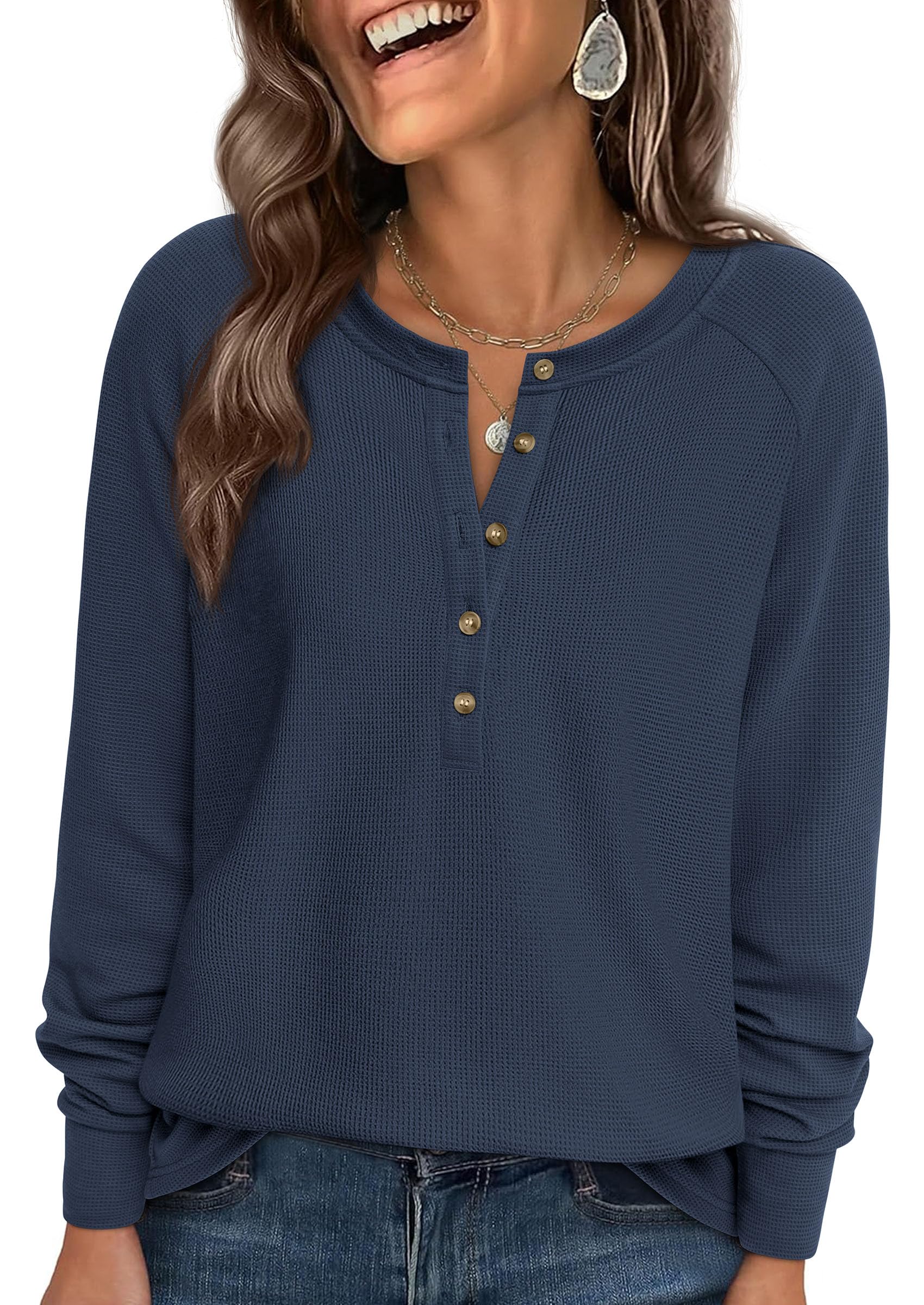 Women's Long Sleeve Waffle Knit Henley Shirts Loose Tunic Tops