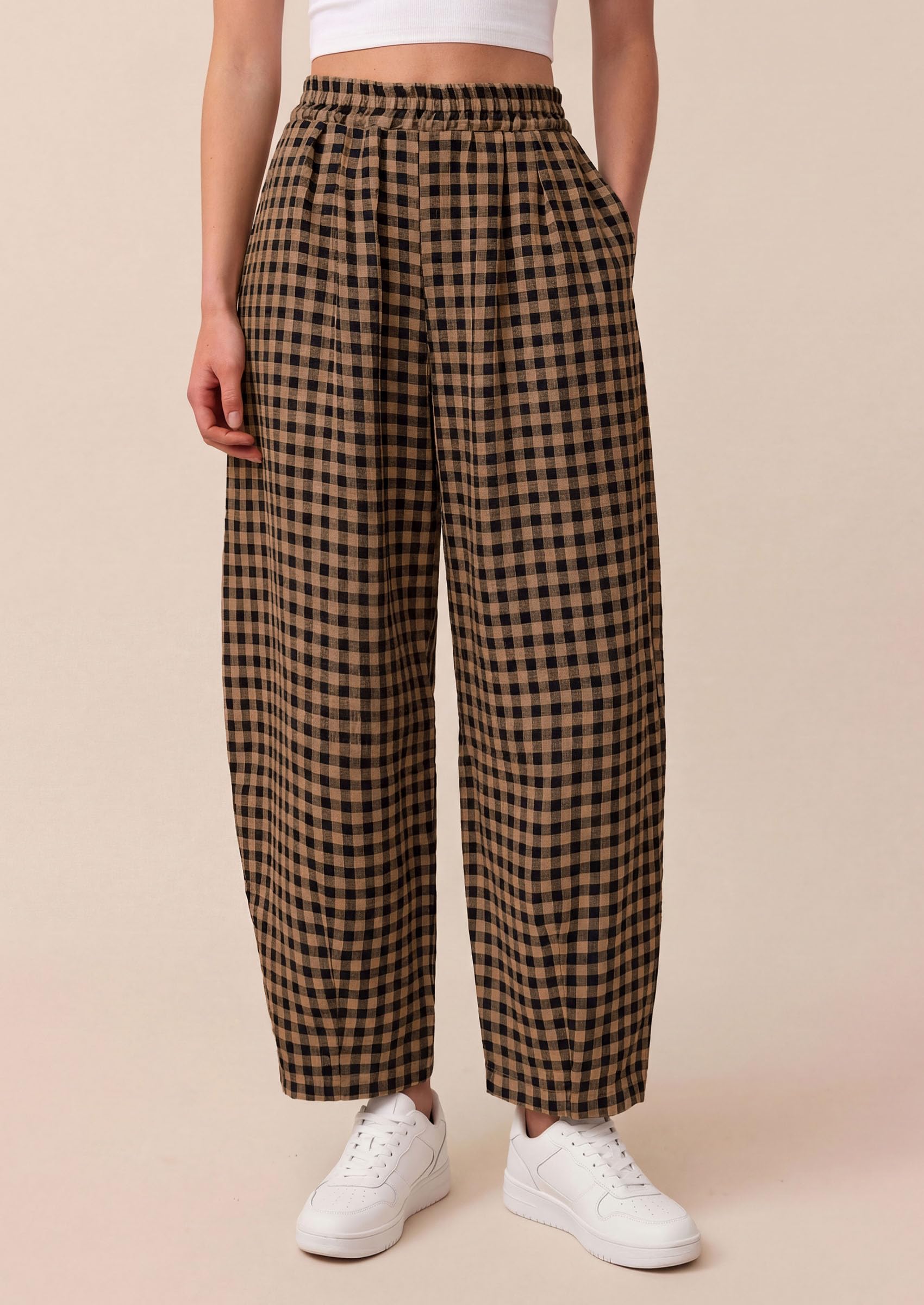 Plaid Barrel Pants Women Summer Bottoms, Black Khaki Plaid,S