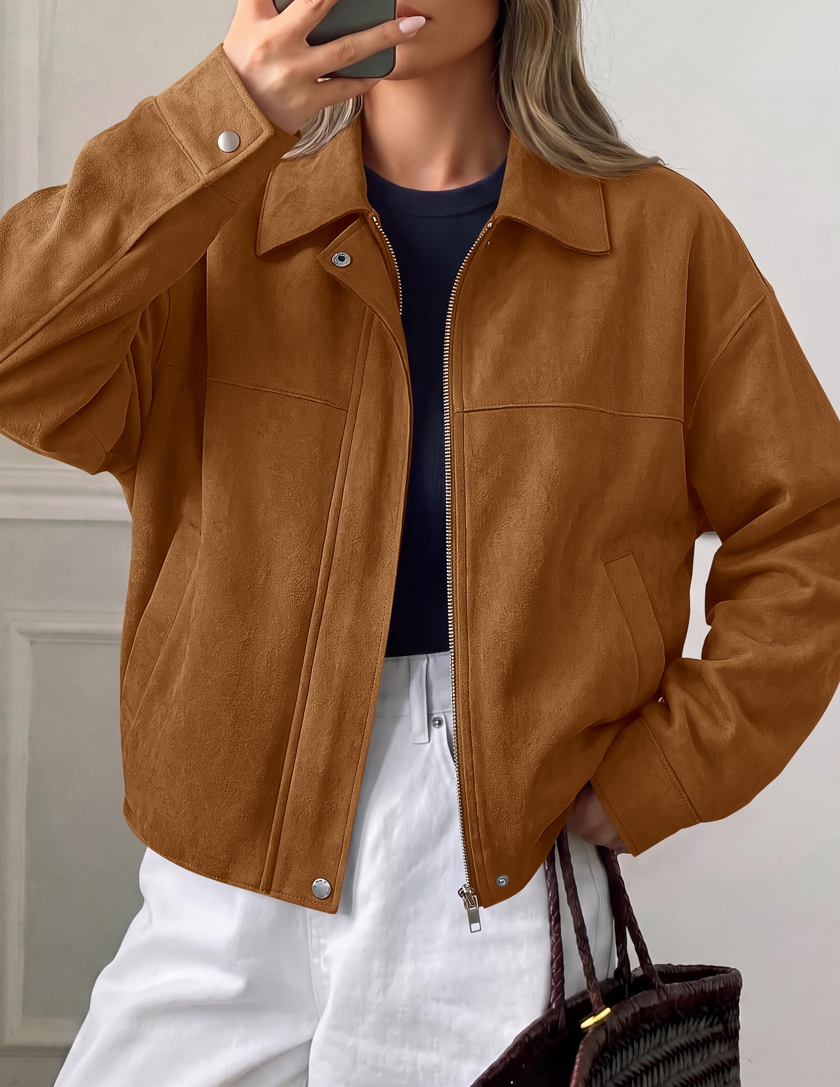 Women's Faux Suede Cropped Fall Jackets,Brown,S