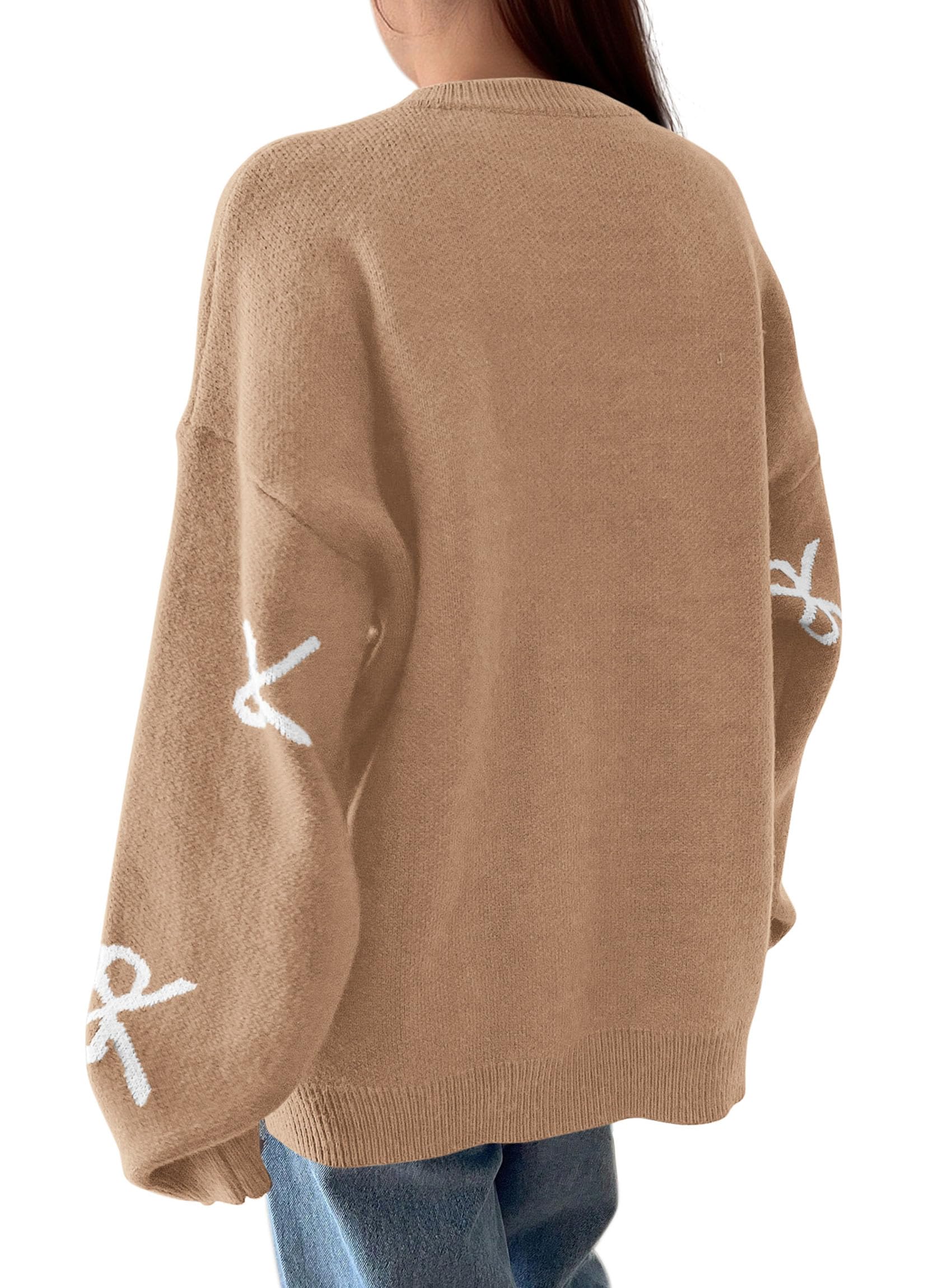 Fall Long Sleeve Pullover Sweaters for Women 2026 Trendy Crewneck Casual Cute Bow Chunky Knit Oversized Sweater (Camel,Small)
