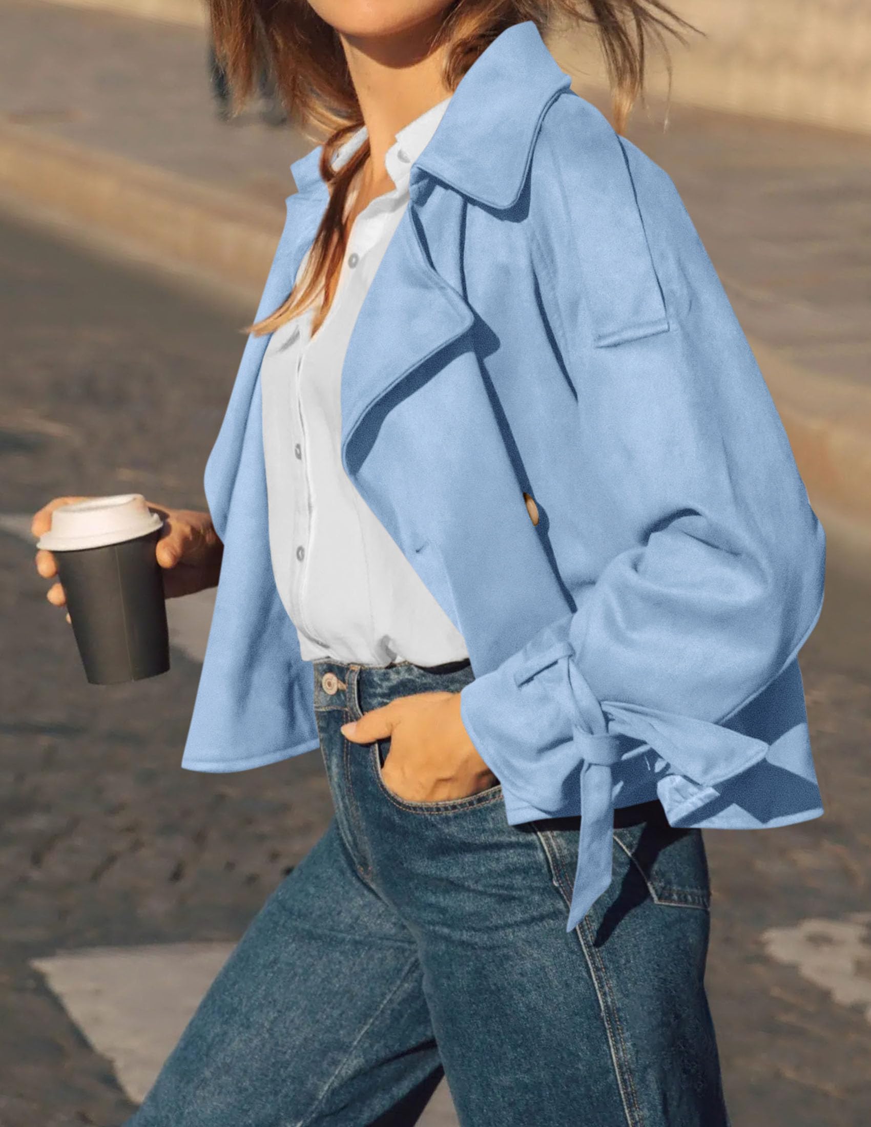 Women Faux Suede Double Breasted Trench Coat Cropped Jackets