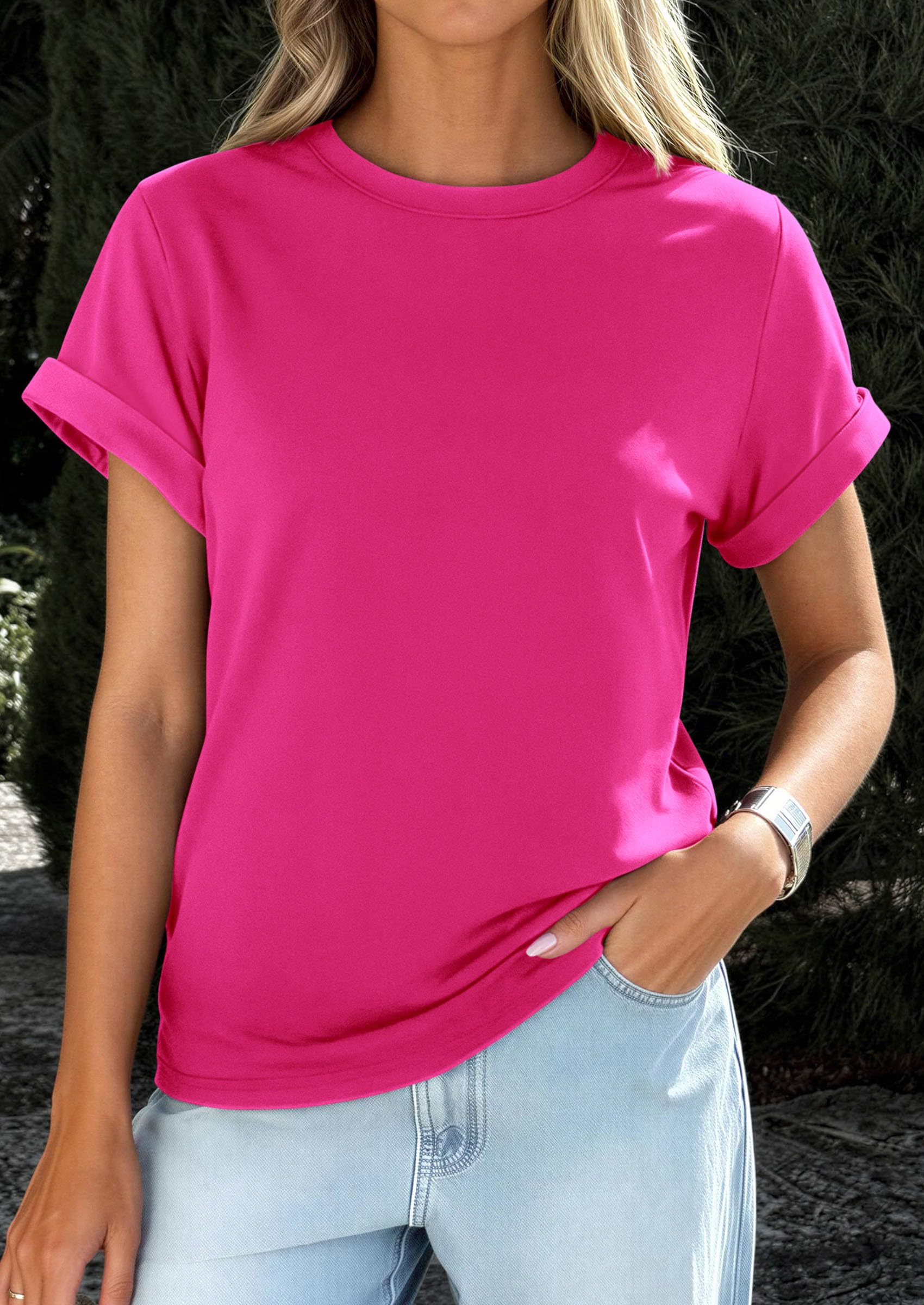 Womens Summer Tops Short Sleeve Shirts,Rose Red,S