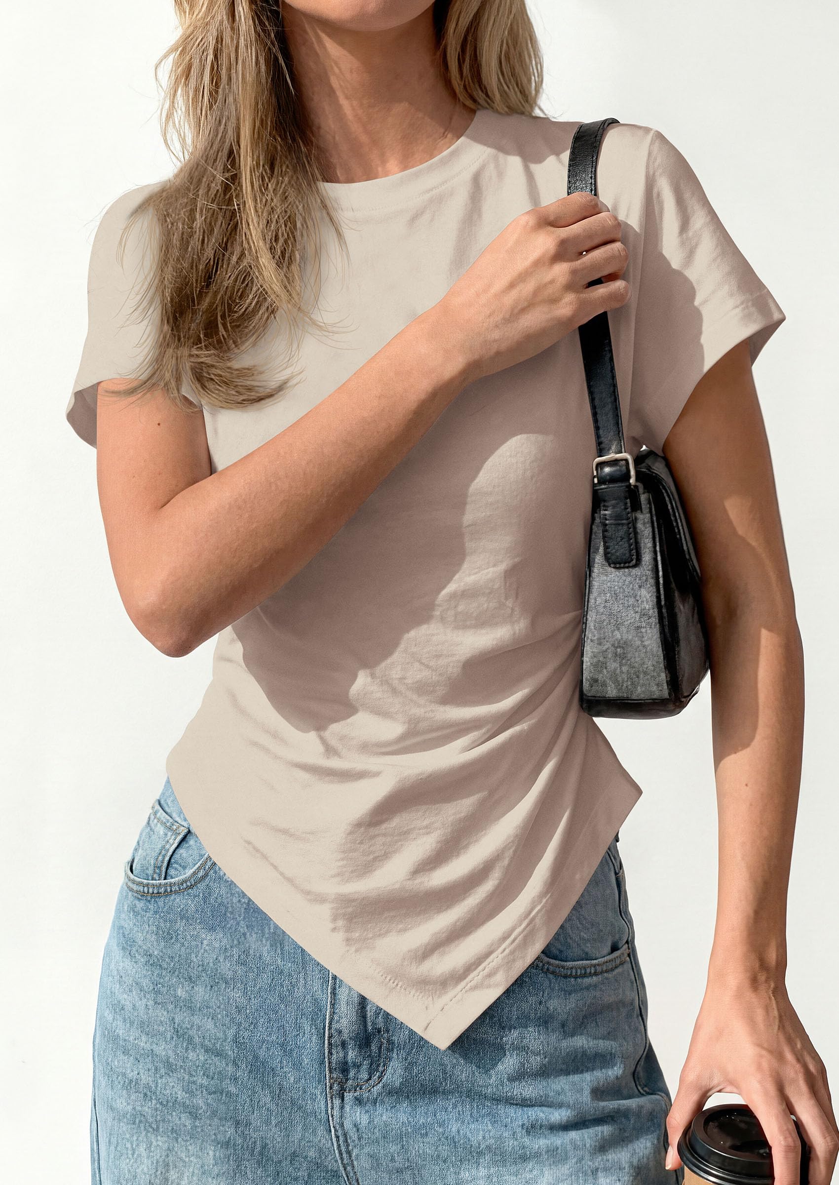 Womens Asymmetrical Summer Short Sleeve Tops,Light Khaki,XS