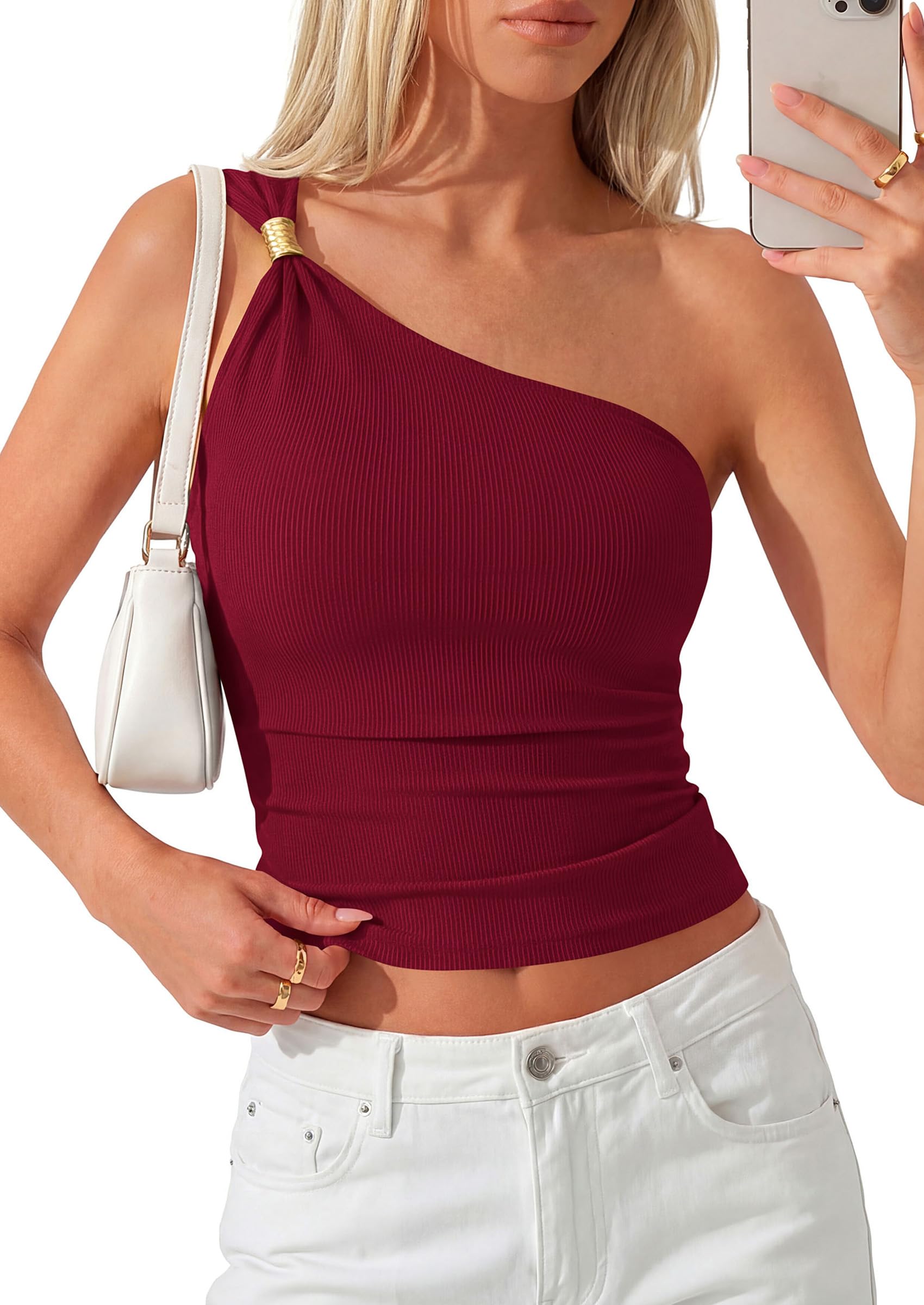 Women's Asymmetrical One Shoulder Y2K Tops, Burgundy,S