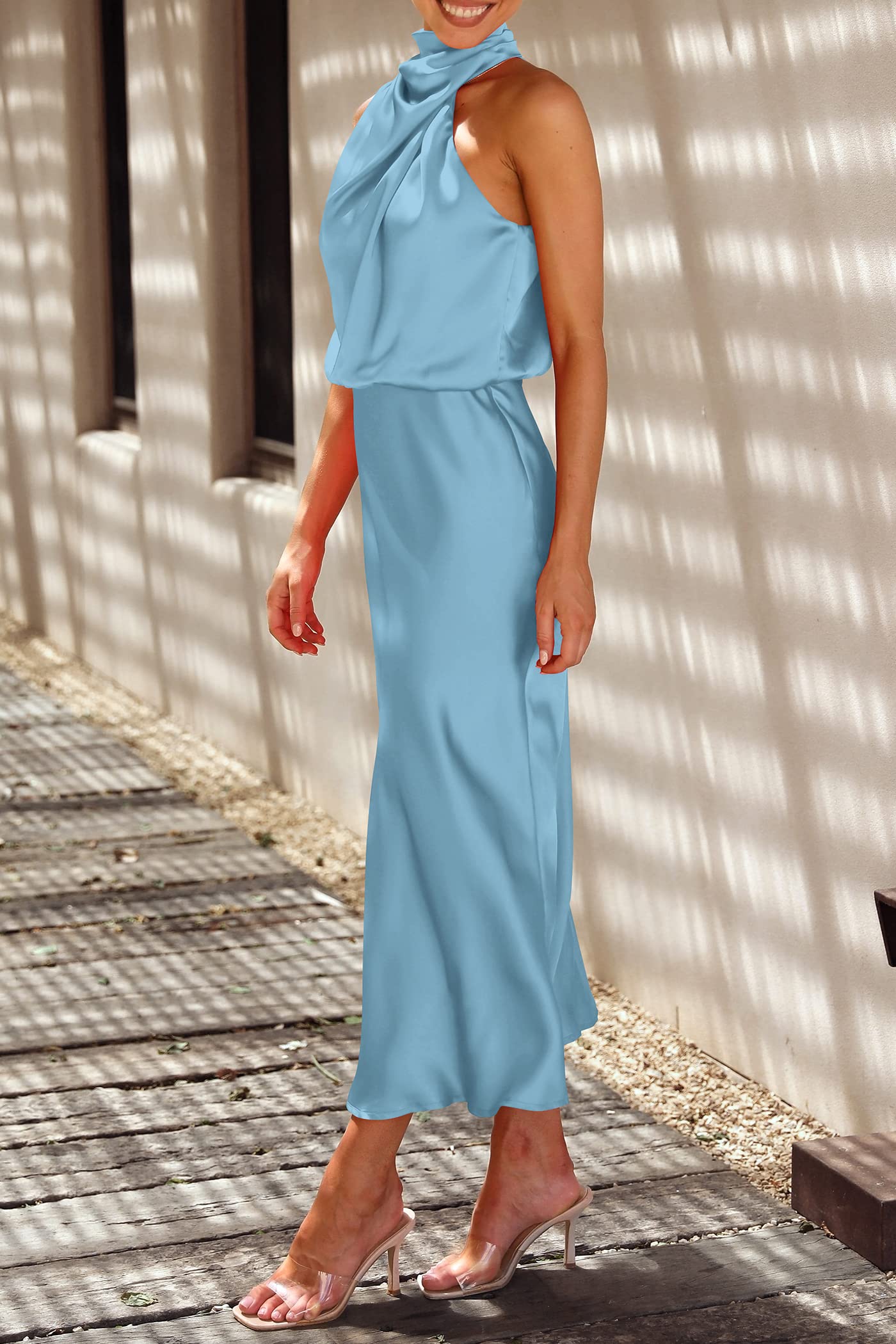 Women's Summer Satin Maxi Cocktail Dress Light Blue