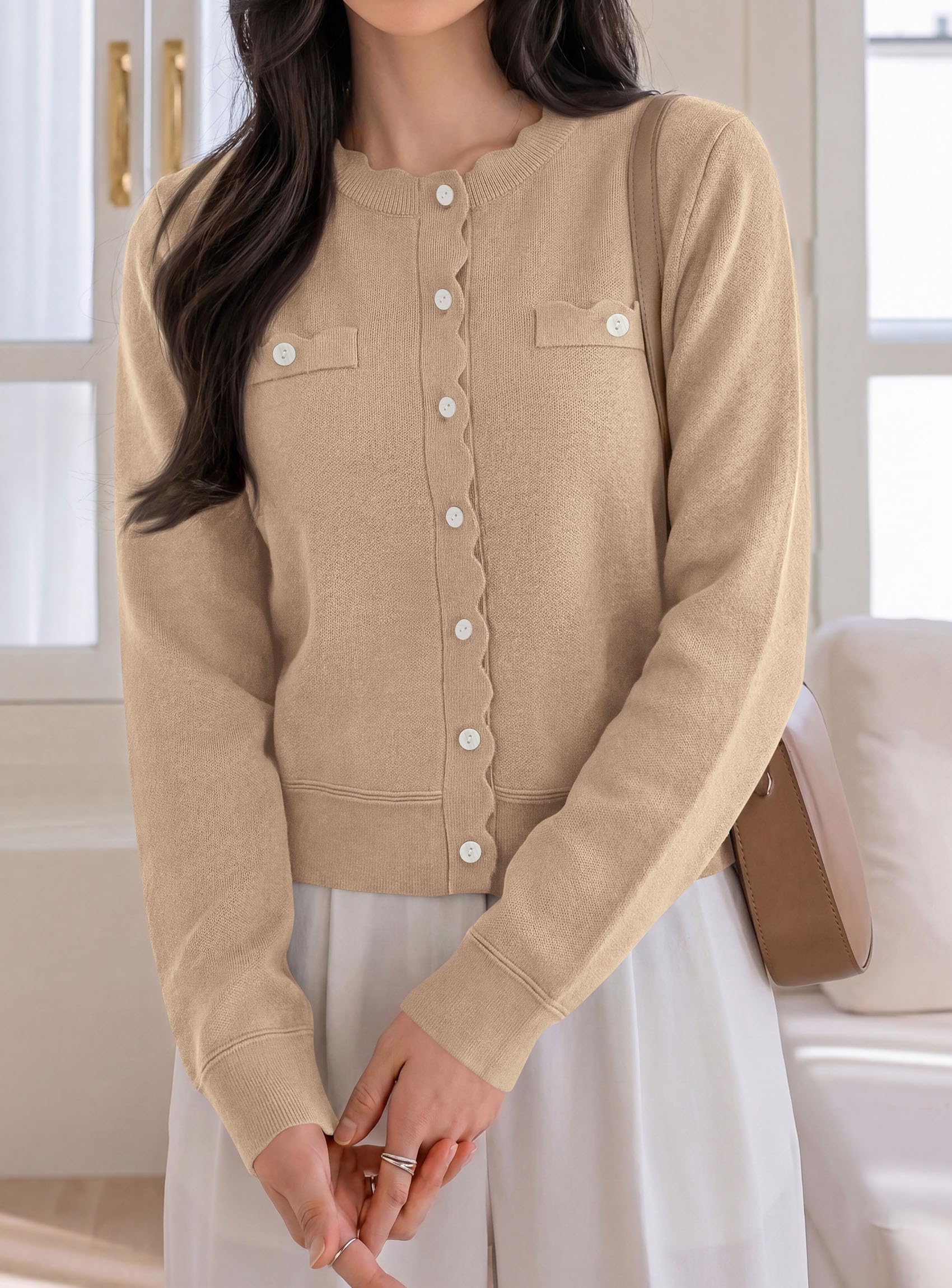 Womens Lightweight Cardigan Sweaters Scalloped Trim Fall Tops