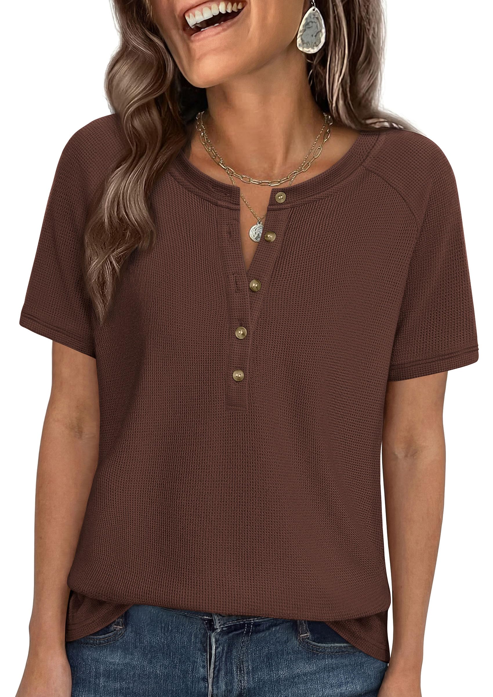 Women's Short Sleeve Waffle Knit Henley Shirts, Brown,S