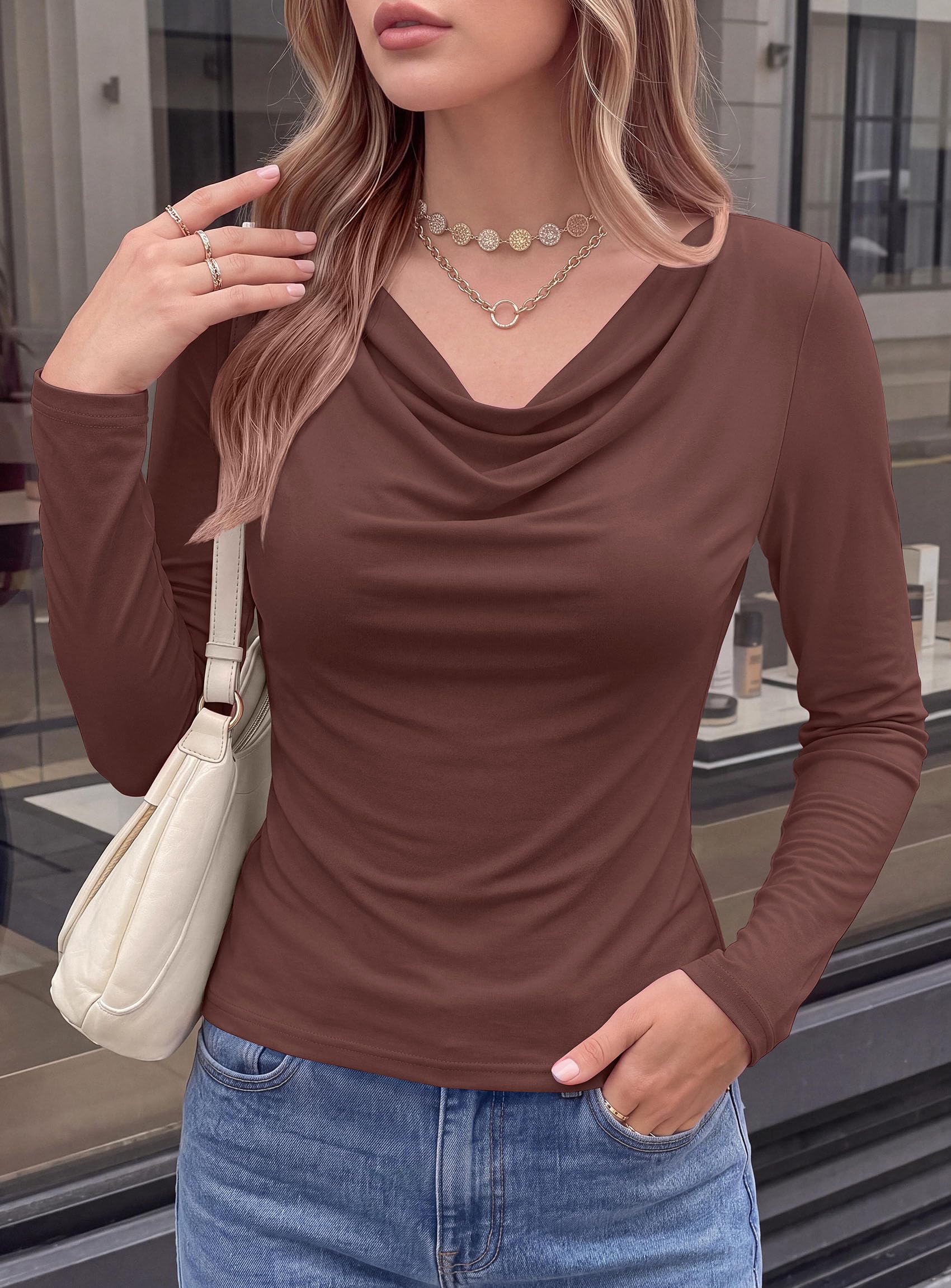 Cowl Neck Tops for Women Fashion Long Sleeve Shirt Brown