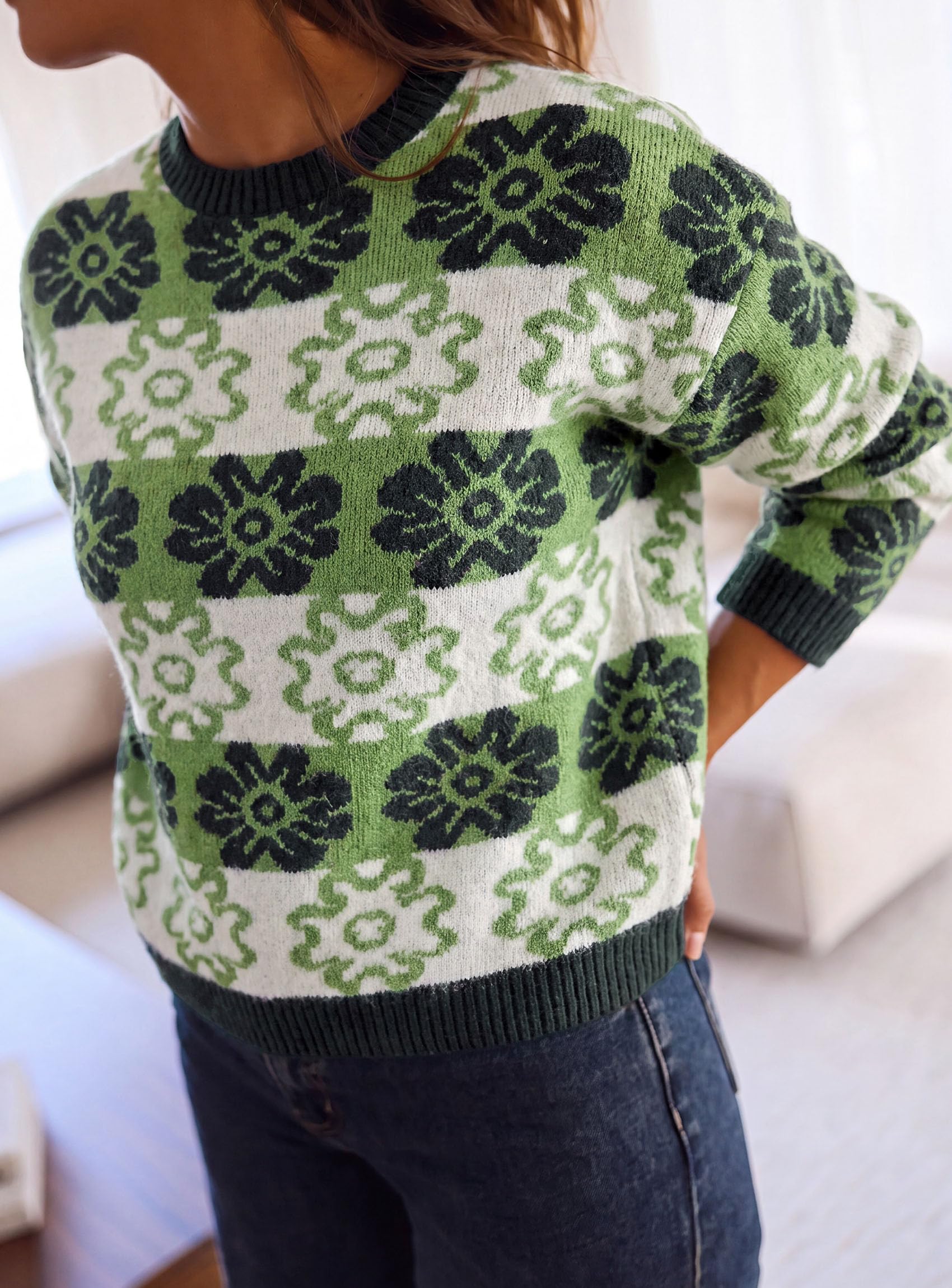 Women's Floral Crewneck Sweater Knit Pullover,Green,S