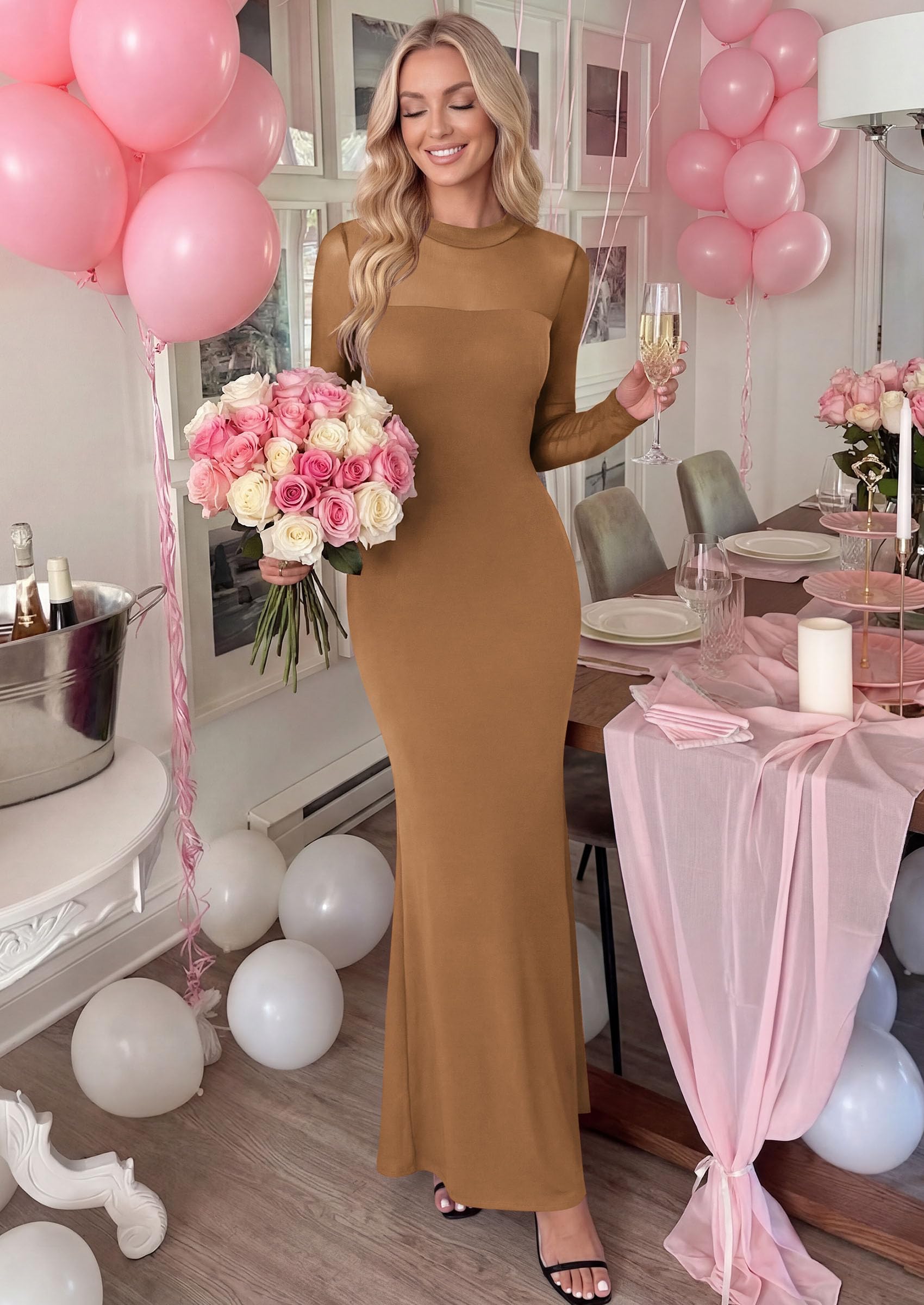 Women's Long Sleeve Formal Mesh Fall Wedding Guest Maxi Dress
