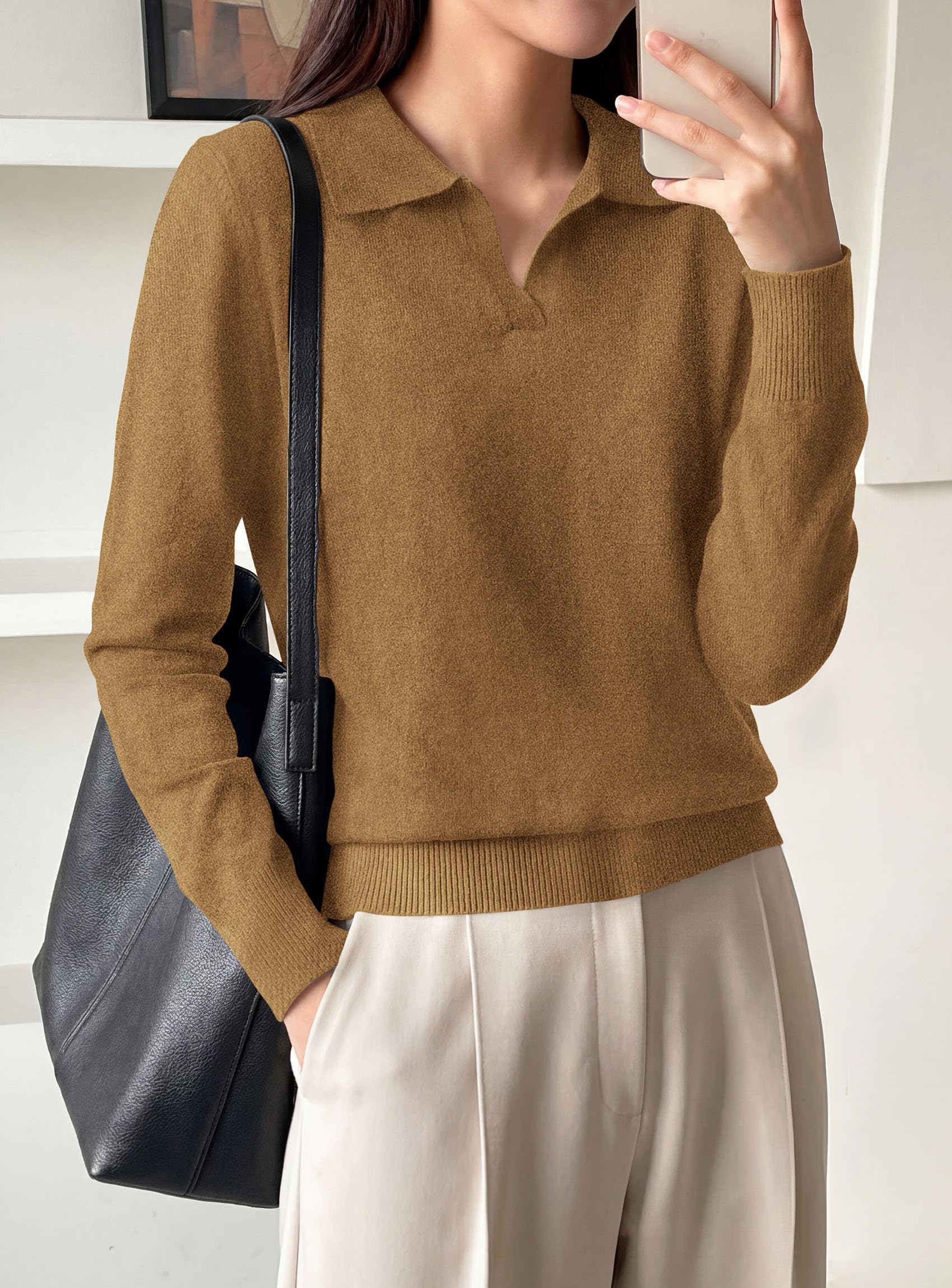 Womens Long Sleeve Collared Polo Sweater,Khaki,S