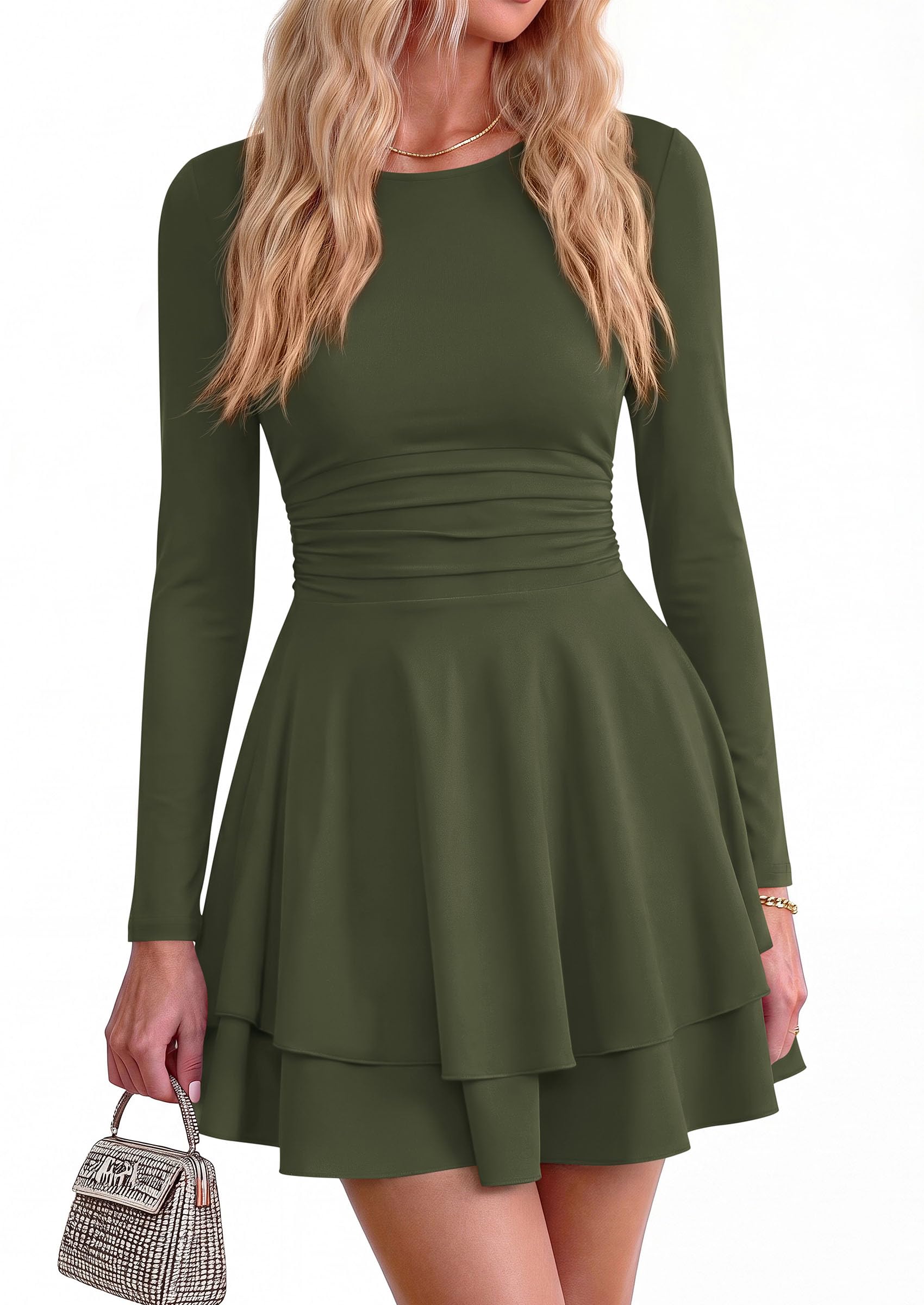 Womens Fit and Flare Crewneck Long Sleeve Mini Dress