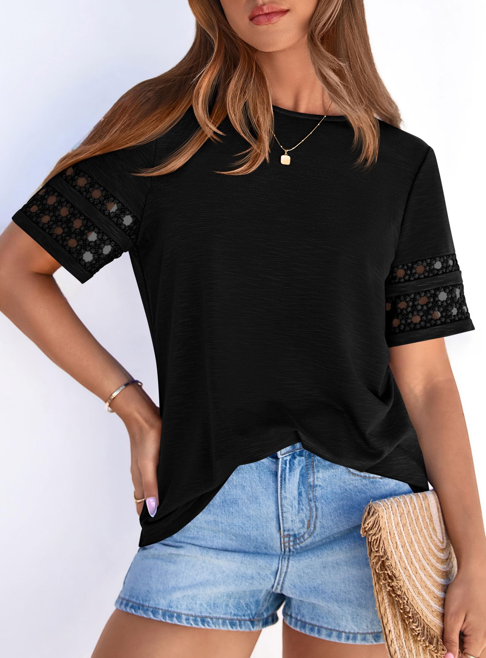 Women's Summer Short Sleeve Lace Trim T-Shirts,Black,S