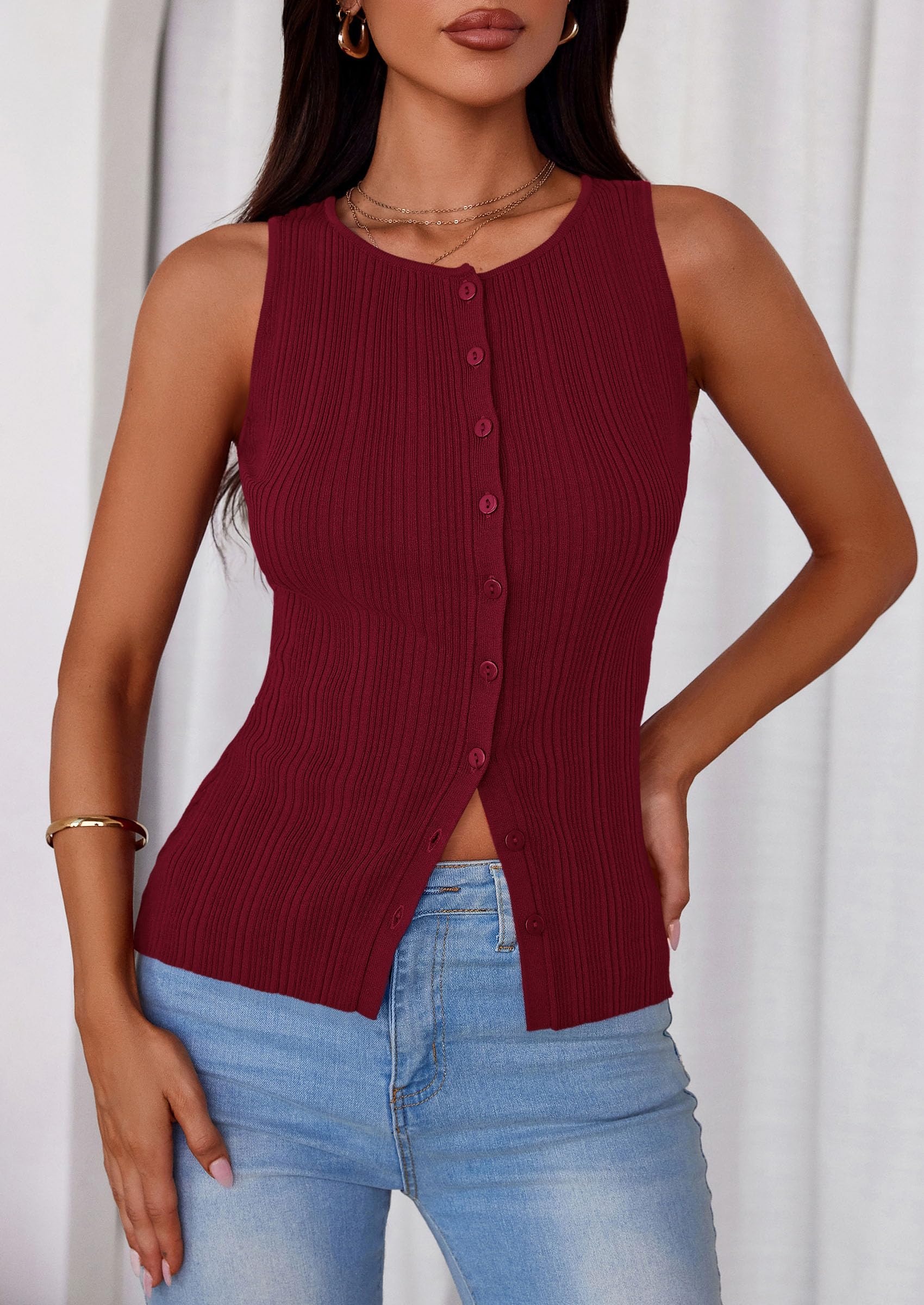 Sleeveless Button Down Shirts for Women Summer 2026 Going Out Ribbed Knit Tank Tops Y2K Clothes Trendy Vest Tops Wine Red