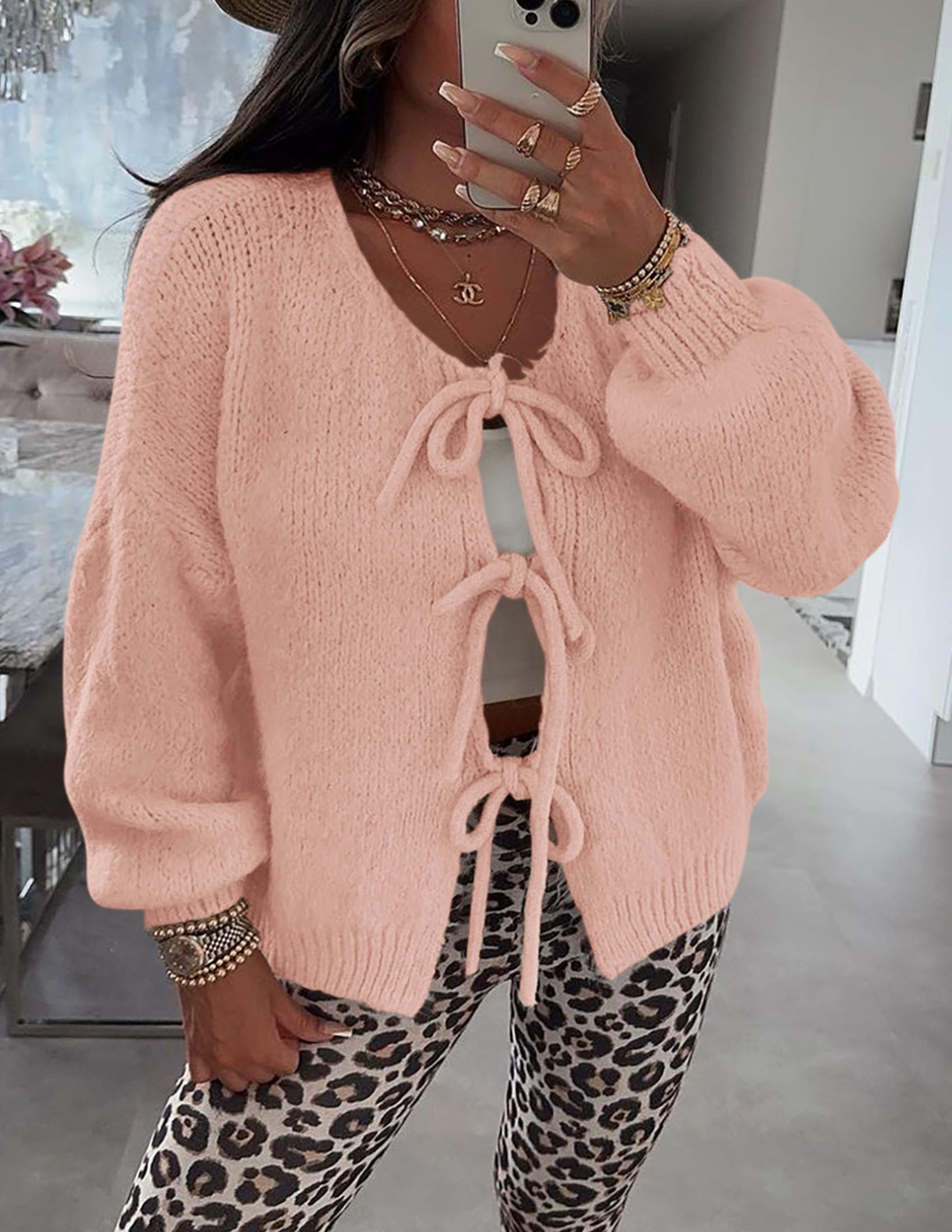 Women's Tie Front Bow Cardigan Sweaters(Pink,Small)