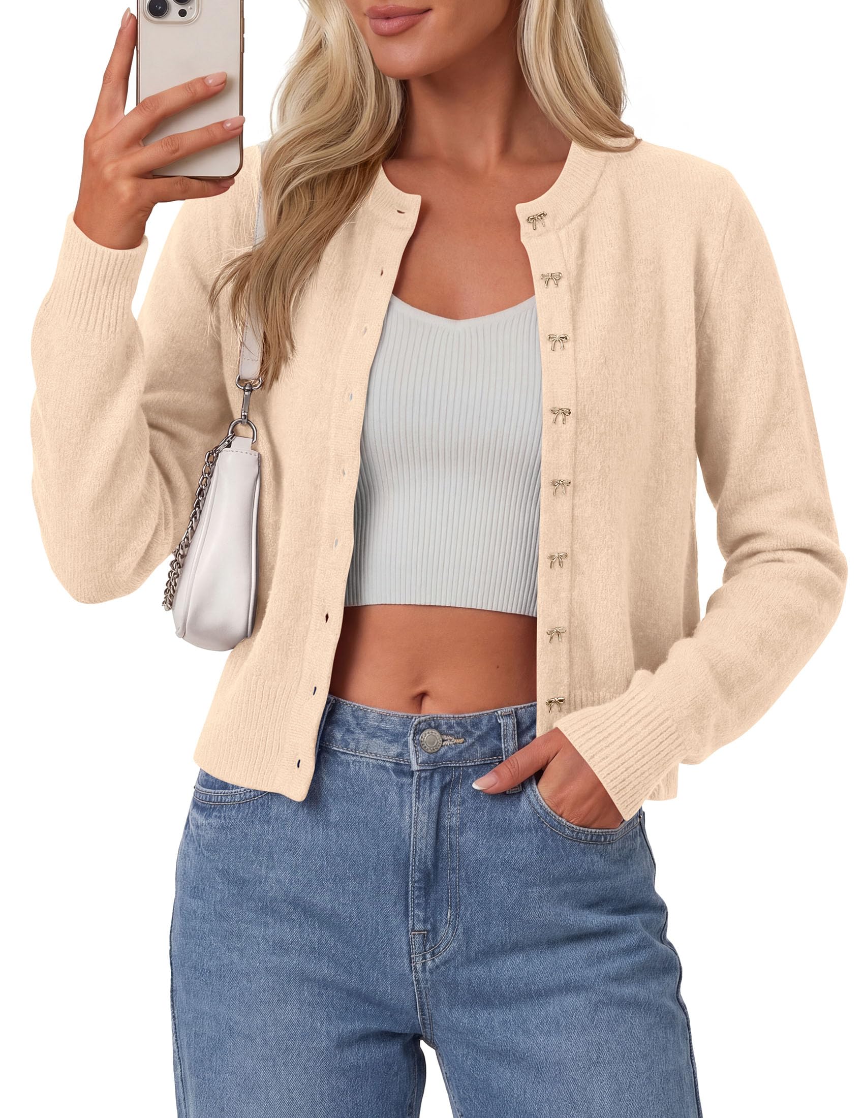 Cardigan Sweaters for Women Cropped Bow Button Up Cardigan