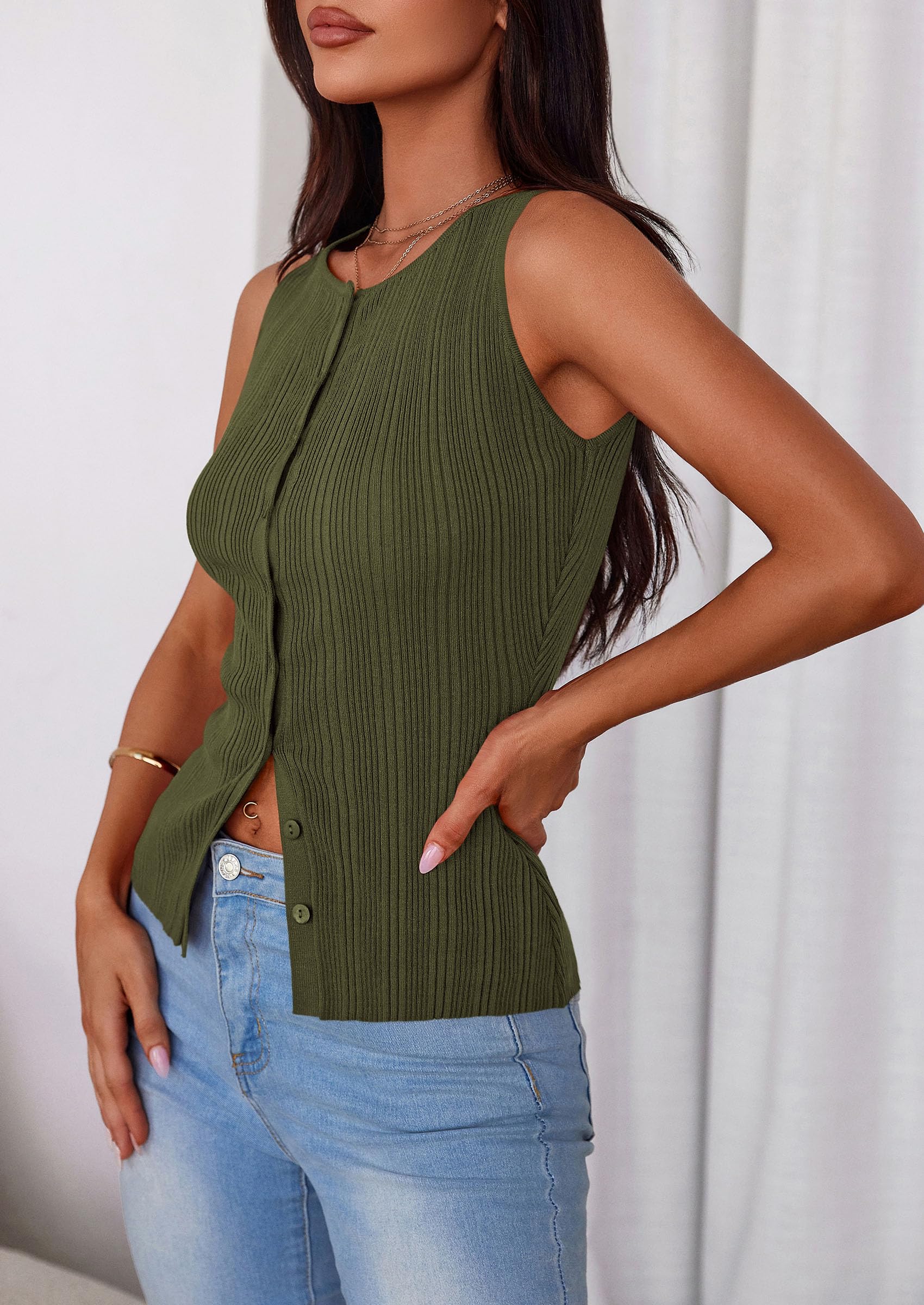 Sleeveless Button Down Shirts for Women Summer 2026 Going Out Ribbed Knit Tank Tops Y2K Clothes Trendy Vest Tops Army Green