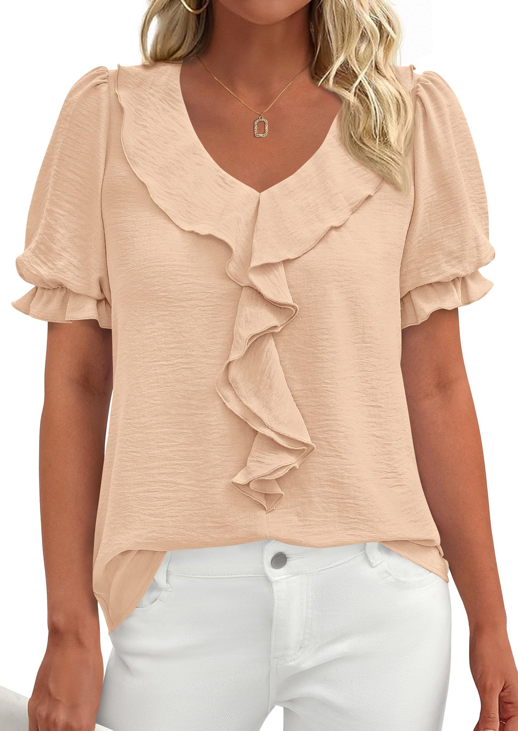Women's Summer Ruffle Dressy Casual Blouses (Light Khaki,S)