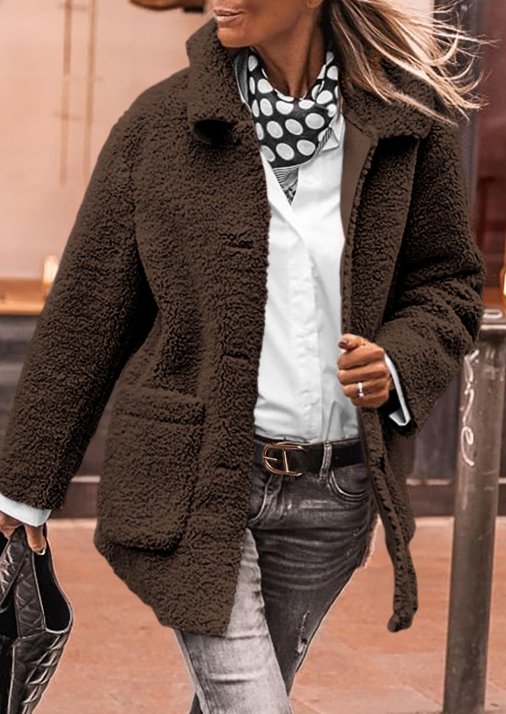 Women's Fleece Sherpa Coats Winter Outfits Coffee,S