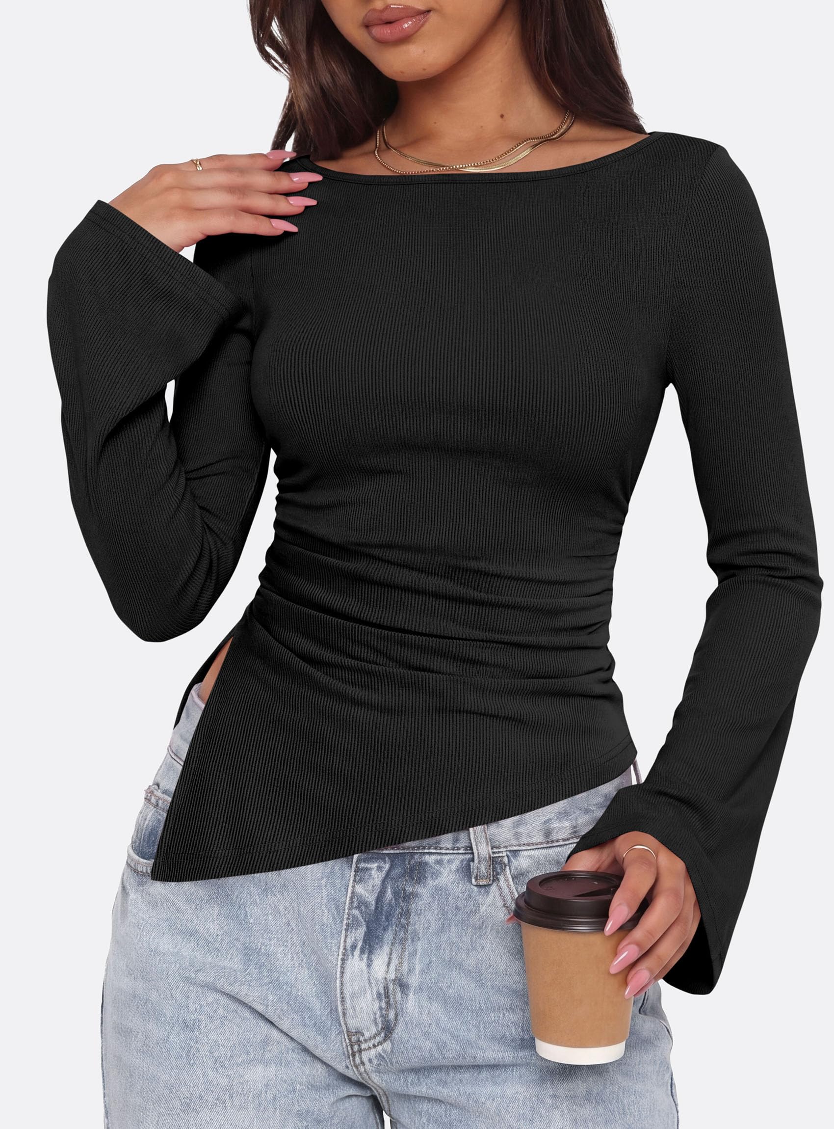 Womens Bell Long Sleeve Boat Neck Asymmetrical Tops Black,XS