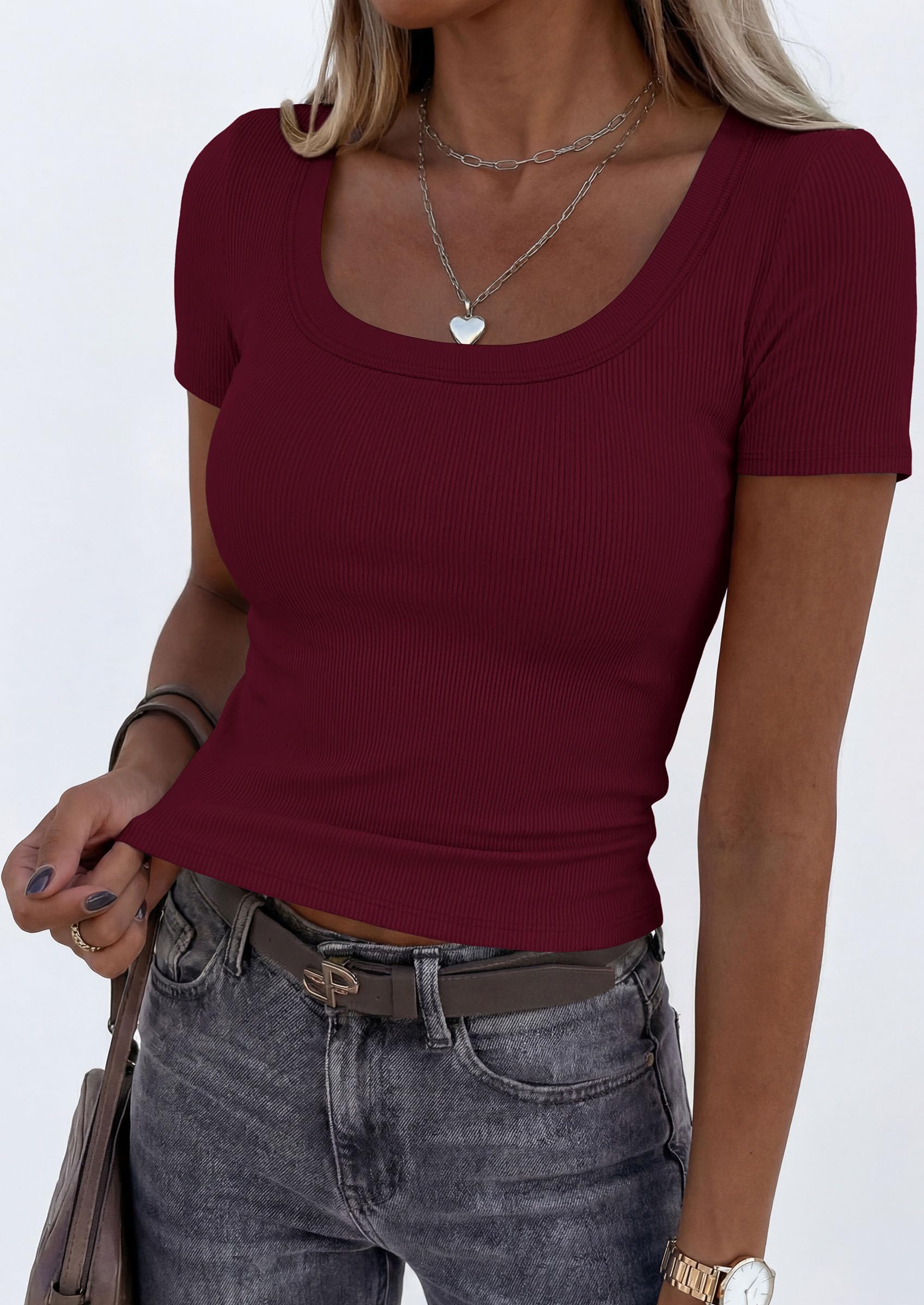 Womens Summer Short Sleeve Scoop Neck Tops,Burgundy,S