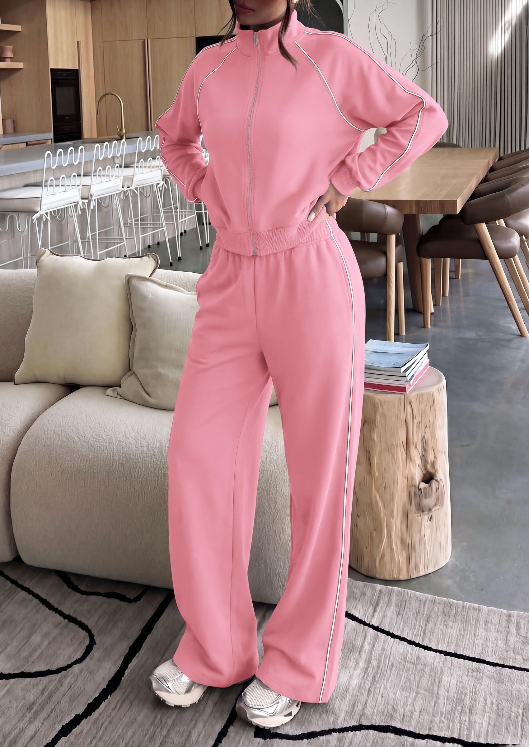 Women's 2 Piece Sweat Set Casual Fall Outfits,Pink,XXL