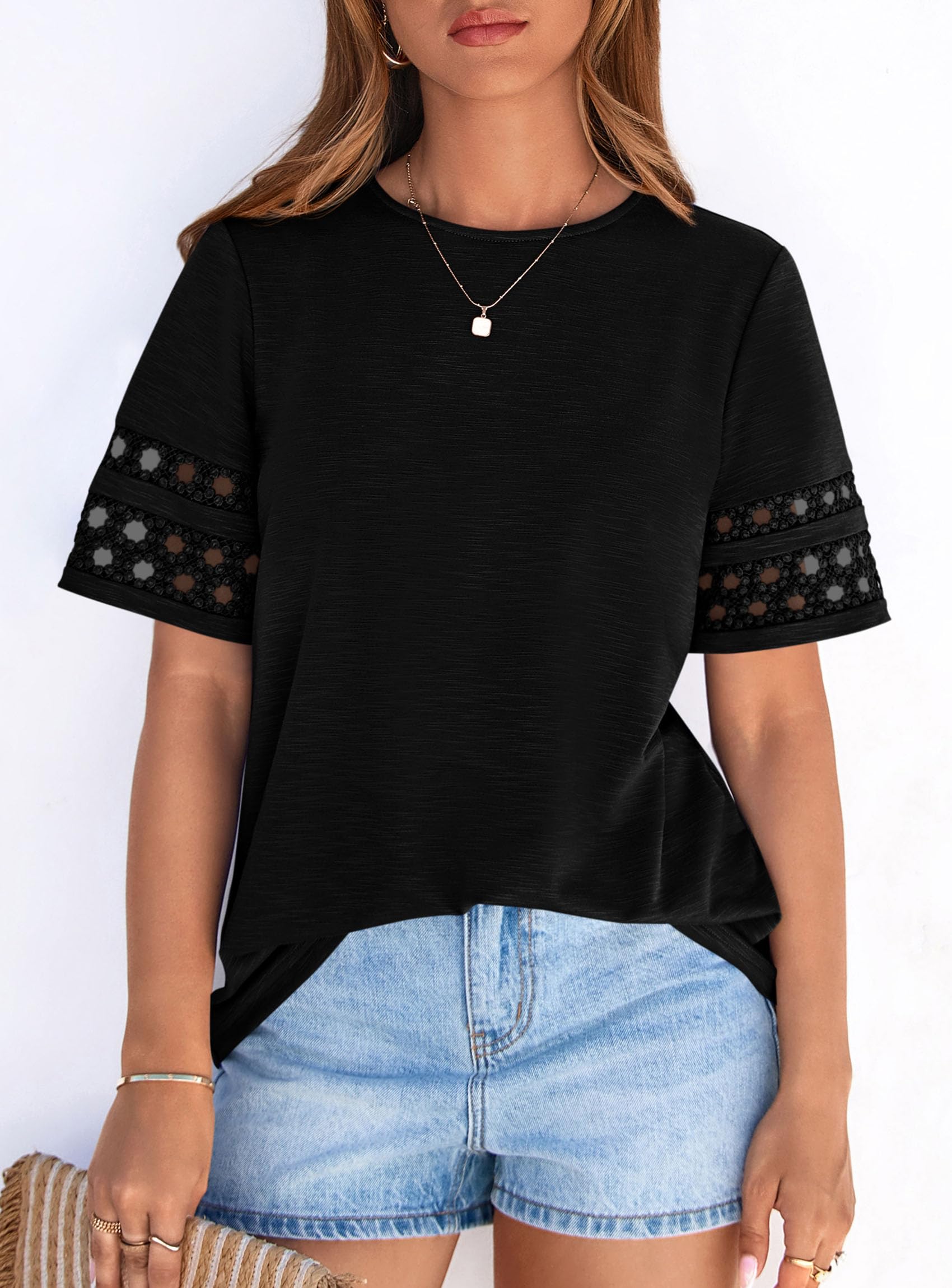 Women's Summer Short Sleeve Lace Trim T-Shirts,Black,S