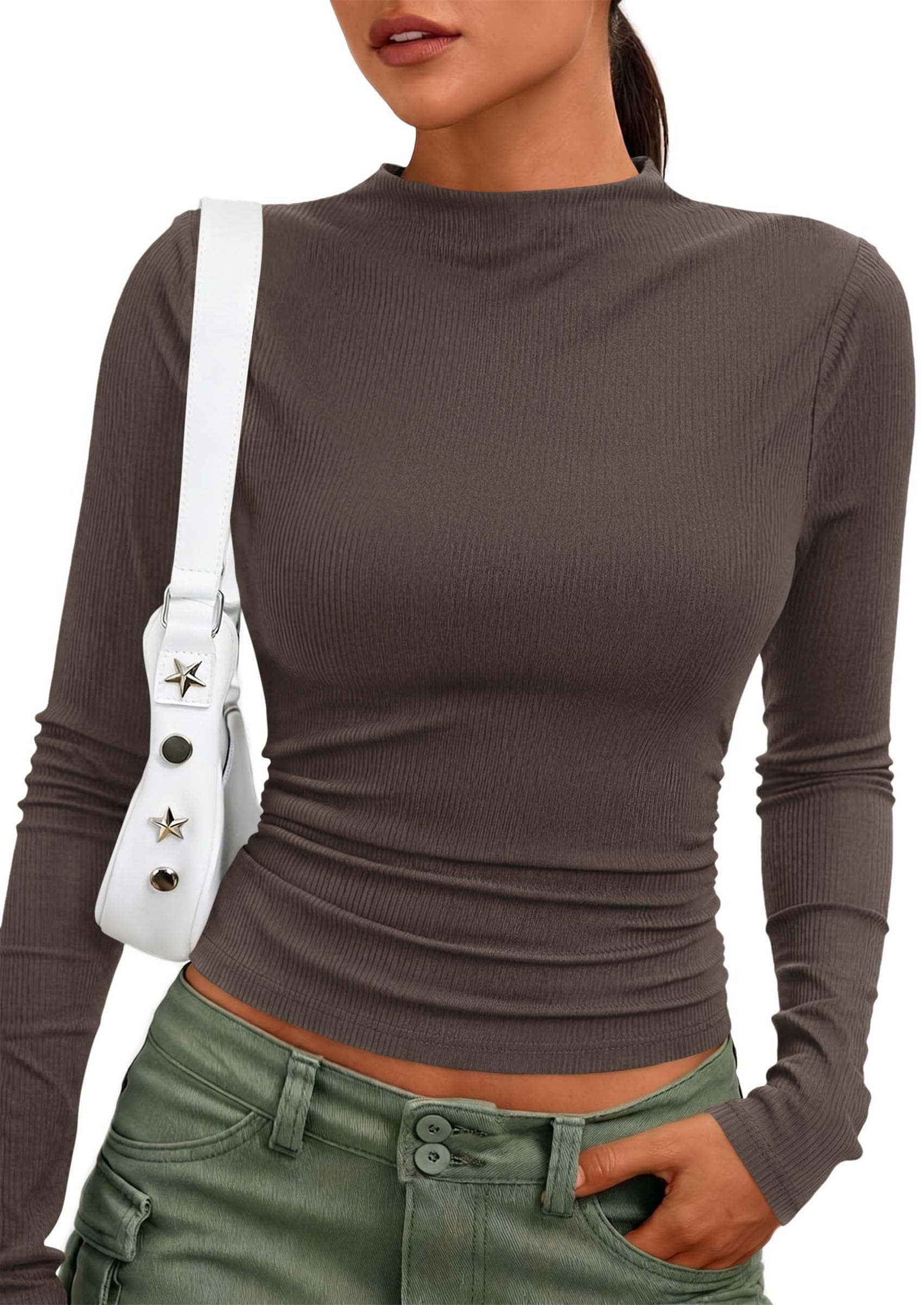 Womens Tops Casual Mock Neck Long Sleeve Shirts,Brown,S