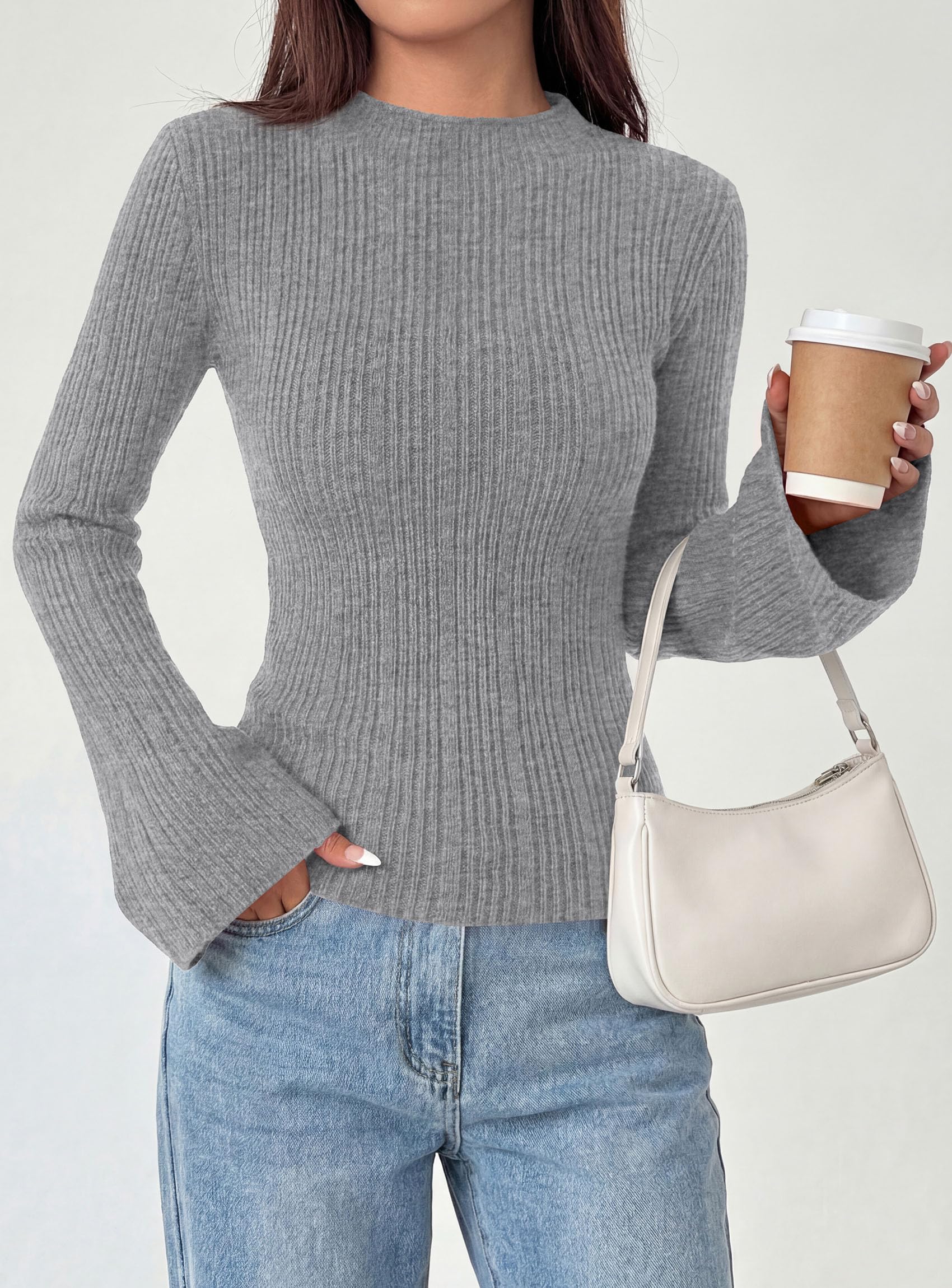 Womens Bell Long Sleeve Tops Mock Neck Sweaters,Grey,S